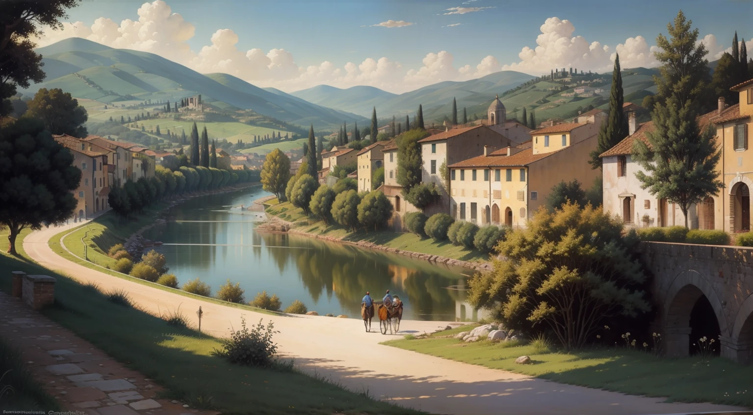 Pequena cidade na Toscana, 1890, Detailed oil painting, feita por Guido Borelli