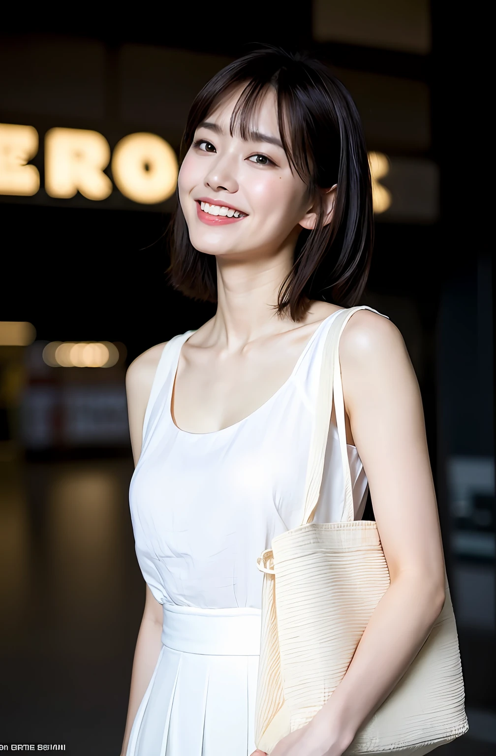 ((8K:1.27)、top-quality、​masterpiece、超A high resolution:1.2)Photo beautiful Chinese woman(pleasing:1.1) (The shirt:1.21) Elegance、There is a good、Gradient lighting、1girl in、Delicate skin、Look here、Brown-eyed、(short hair with bangs:1.2)、(Medium chest:1.0)、(medium areola:0.8)、(realisitic:1.4)、(top-quality:1.0)、(超A high resolution:1.0)、8K、Raw photography、(​masterpiece:0.2)、(pureerosface_v1:0.5)、 White linen clothes、pleatedskirt、Sleeveless、Kamimei、excited expressions、Red cheeks、want me、Staring at this、total darkness、erect through、total darkness、subject、Lean、Look here、In front of the convenience store at night、Laugh、tote bags、Linen dress、