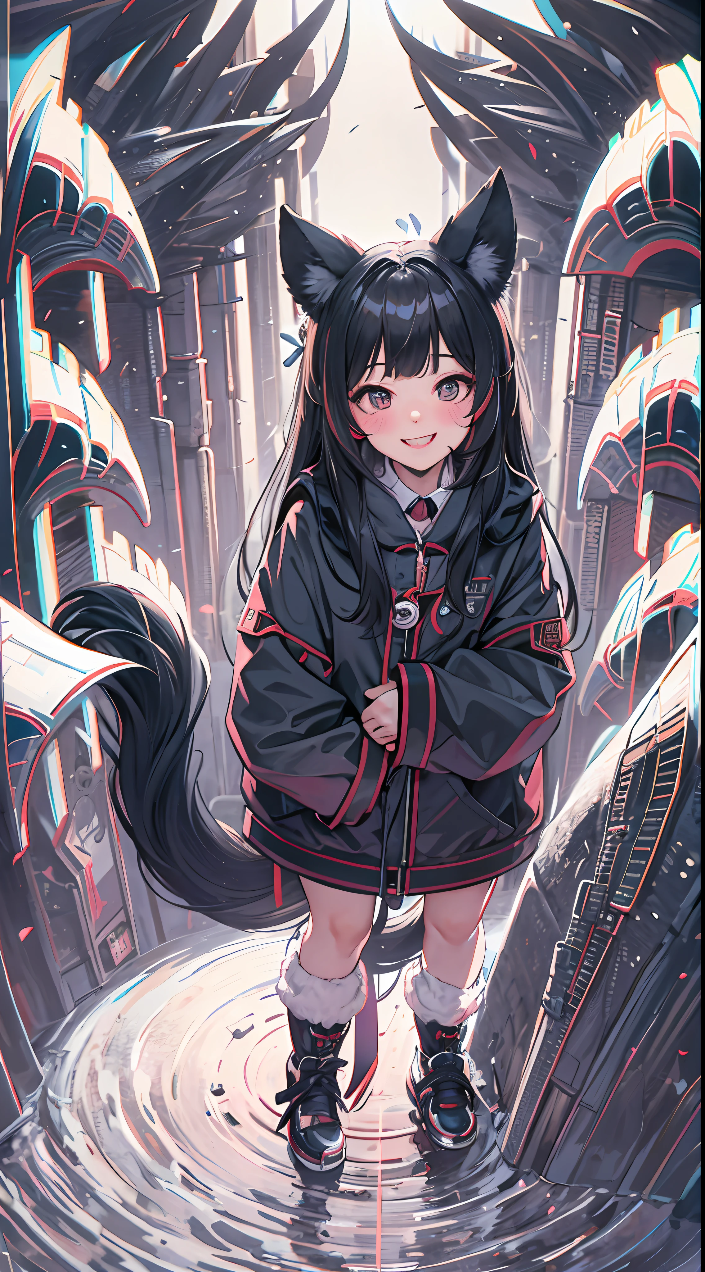 black hair, hair bobbles, wince, longeyelashes, solid circle eyes, fake animal ears, light smile, ear blush, fang, Surrealism, drop shadow, anaglyph, stereogram, tachi-e, pov, atmospheric perspective, 8k, super detail, ccurate, best quality