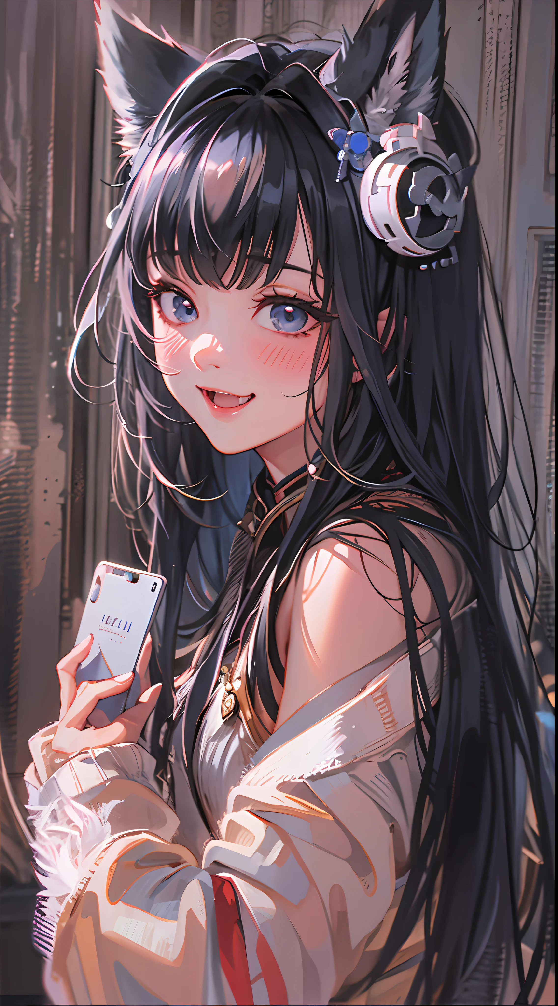 black hair, hair bobbles, wince, longeyelashes, solid circle eyes, fake animal ears, light smile, ear blush, fang, Surrealism, drop shadow, anaglyph, stereogram, tachi-e, pov, atmospheric perspective, 8k, super detail, ccurate, best quality