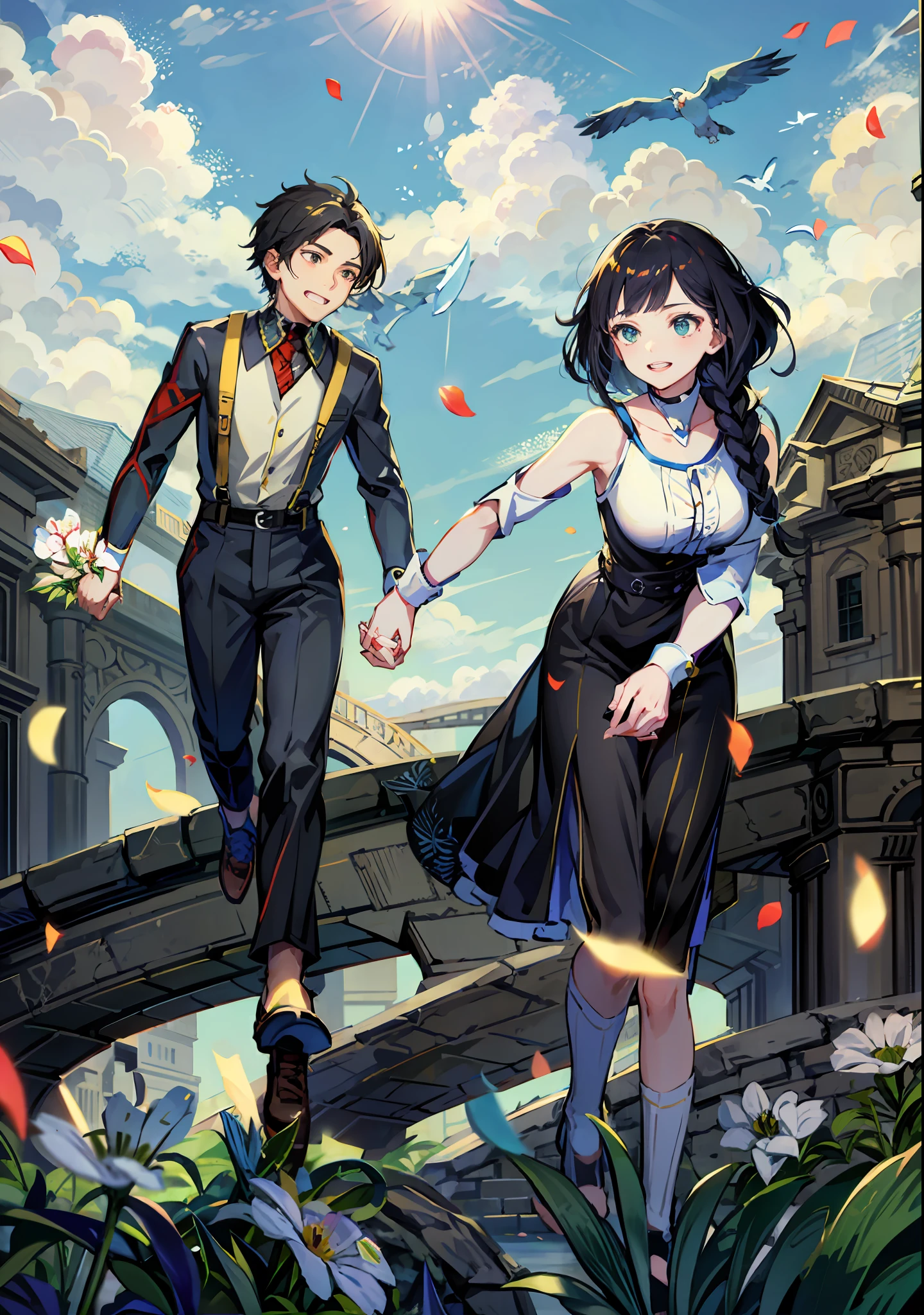 Blue sky，green meadows，Couple holding hands and running，Petals scattered all around，Jeepley anime，in style of hayao miyazaki