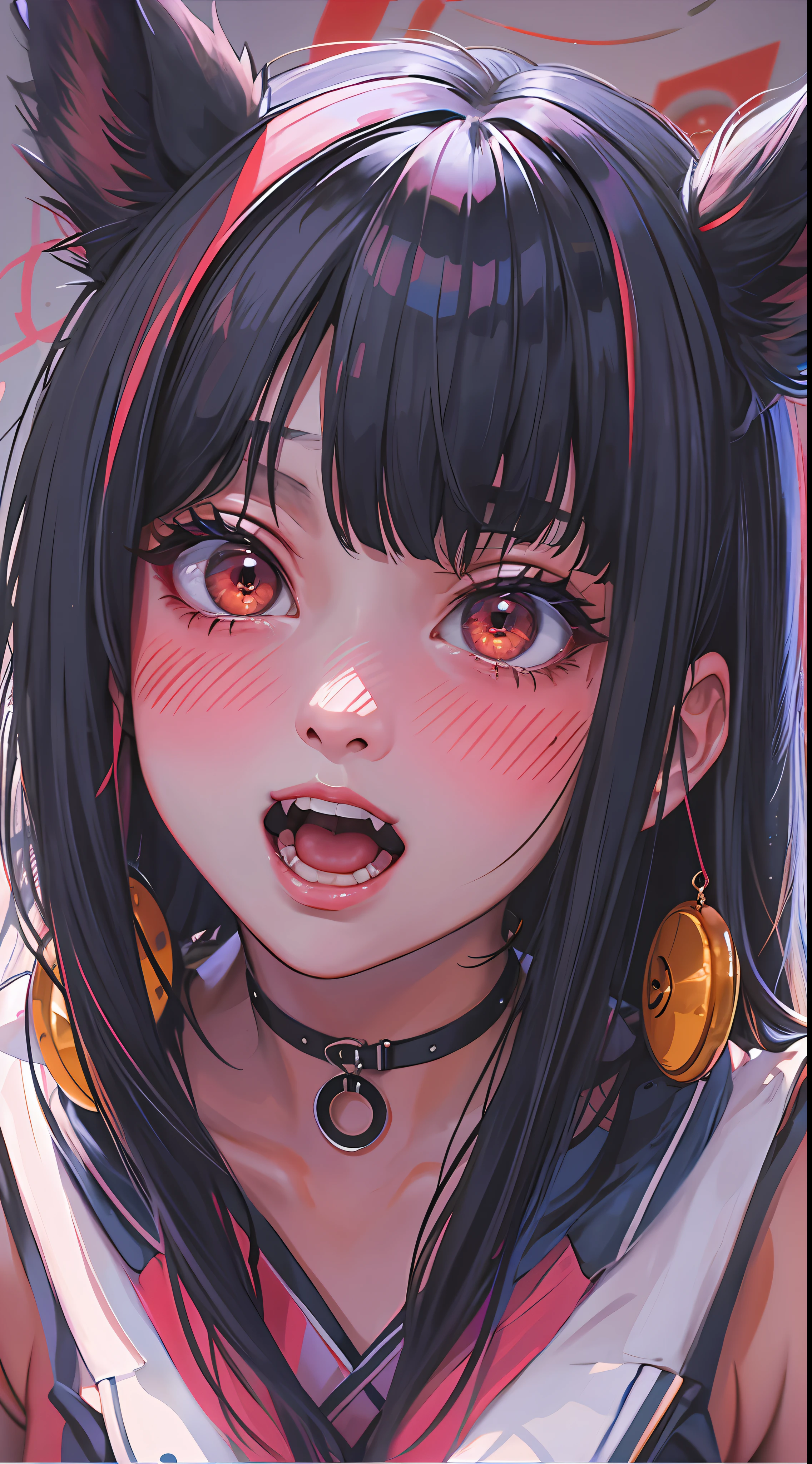 black hair, hair bobbles, wince, longeyelashes, solid circle eyes, fake animal ears, light smile, ear blush, fang, Surrealism, drop shadow, anaglyph, stereogram, tachi-e, pov, atmospheric perspective, 8k, super detail, ccurate, best quality