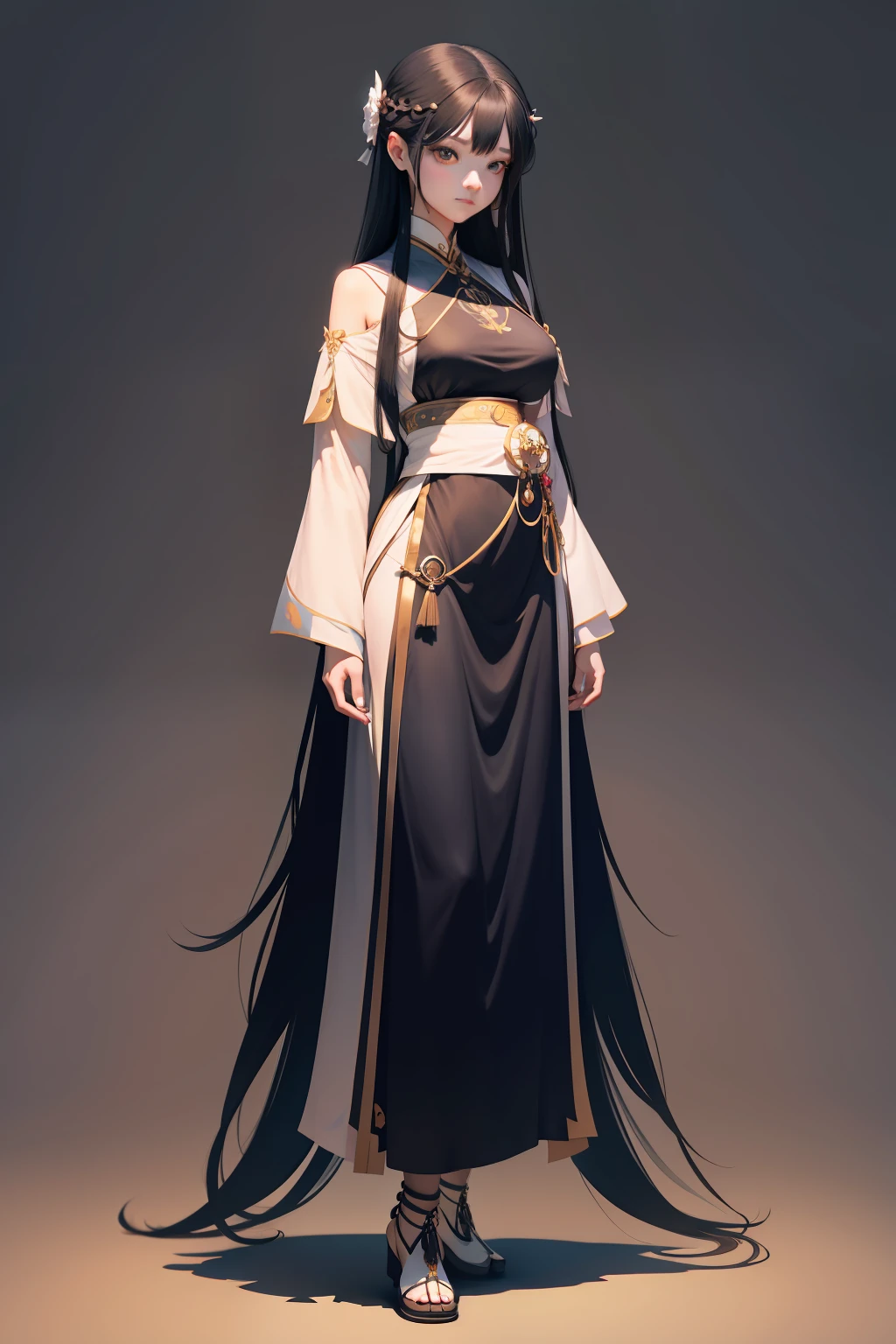 character design,A woman,Long black hair,A hairpin holds the hair behind your head,Bright eyes,The face shape is soft,A combination of light-colored Hanfu and modern clothing,He wears beads and bracelets,Gentle temperament,Stand up,Full body to foot diagram