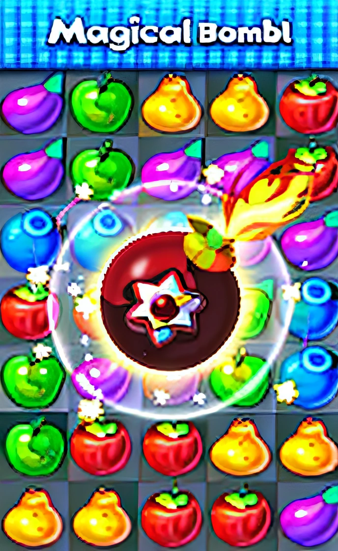 Fruit bomb matching with match button, fruits world, gameplay, delicacy, mobile game, gems and diamond for fruit, personal profile picture, jungle fruit, Juicy, thumbnail, juicy color, fruit celebrity, gameplay still, bomb explosions, candy forest, bombs, game icon asset, Stylized art, background of poison apples, splash image, action game