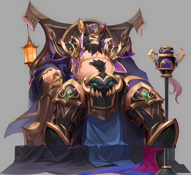 Cartoon close-up of a man sitting on a throne, Fantasy Hearthstone art style, Onmyoji detailed art, world of warcraft art style, hero character art, character design contest winner, portrait of emperor of mankind, hearthstone art style, hearthstone art style, G Liulian art style, demon noble character design, hearthstone concept art