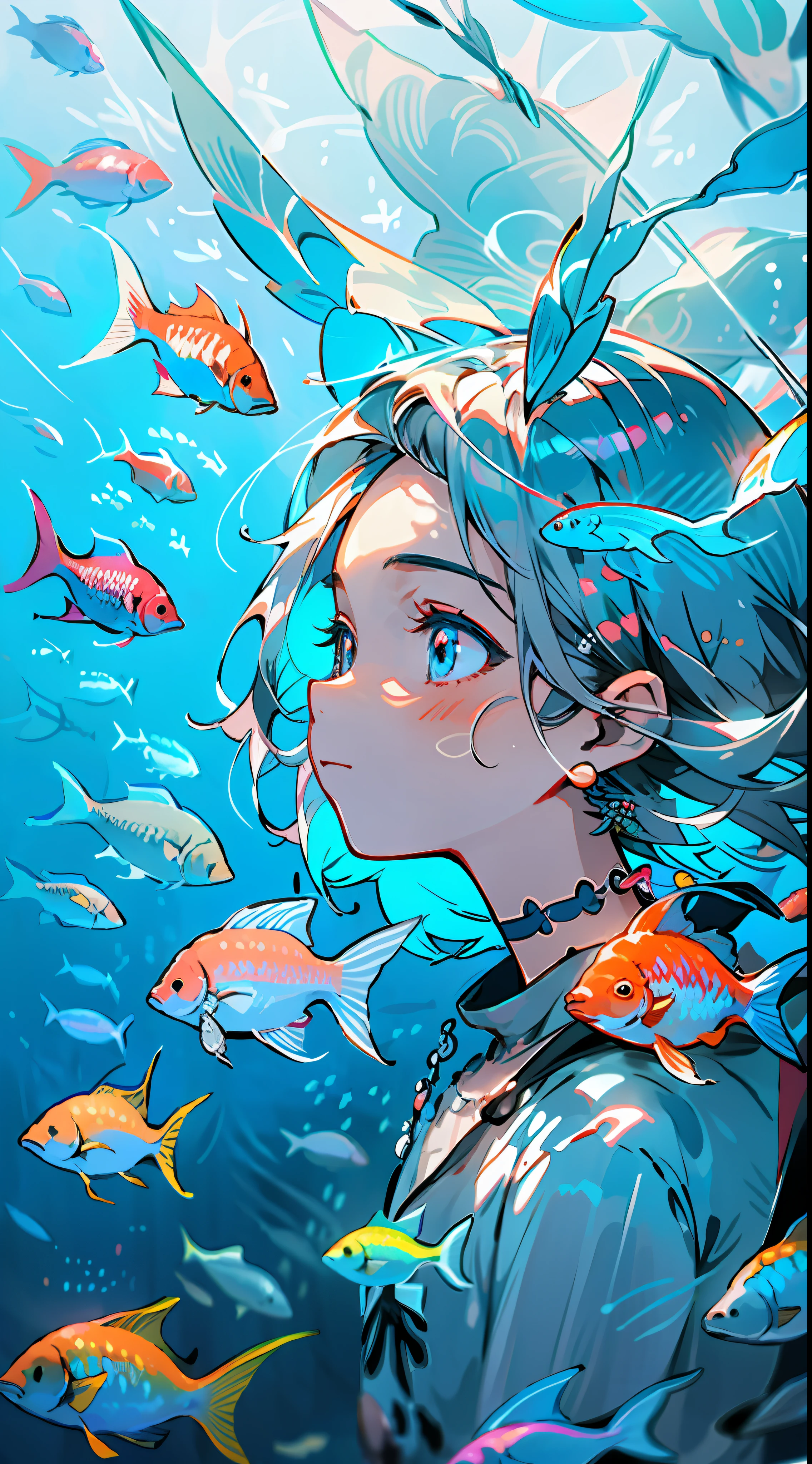 Kizi,(facial closeups),sideface,eBlue eyes,whaite hair,short detailed hair,Defined strands of hair,usa ropa blanca,Light blue theme,((Light blue background)),((((Schools of colorful fish)))),独奏,jewely,耳Nipple Ring,Buble,choker necklace,Underwater footage,jelly fish,seaweed,Floating hair,((Exquisite digital illustration)),Multi-detail digital illustration,A high resolution,high qulity