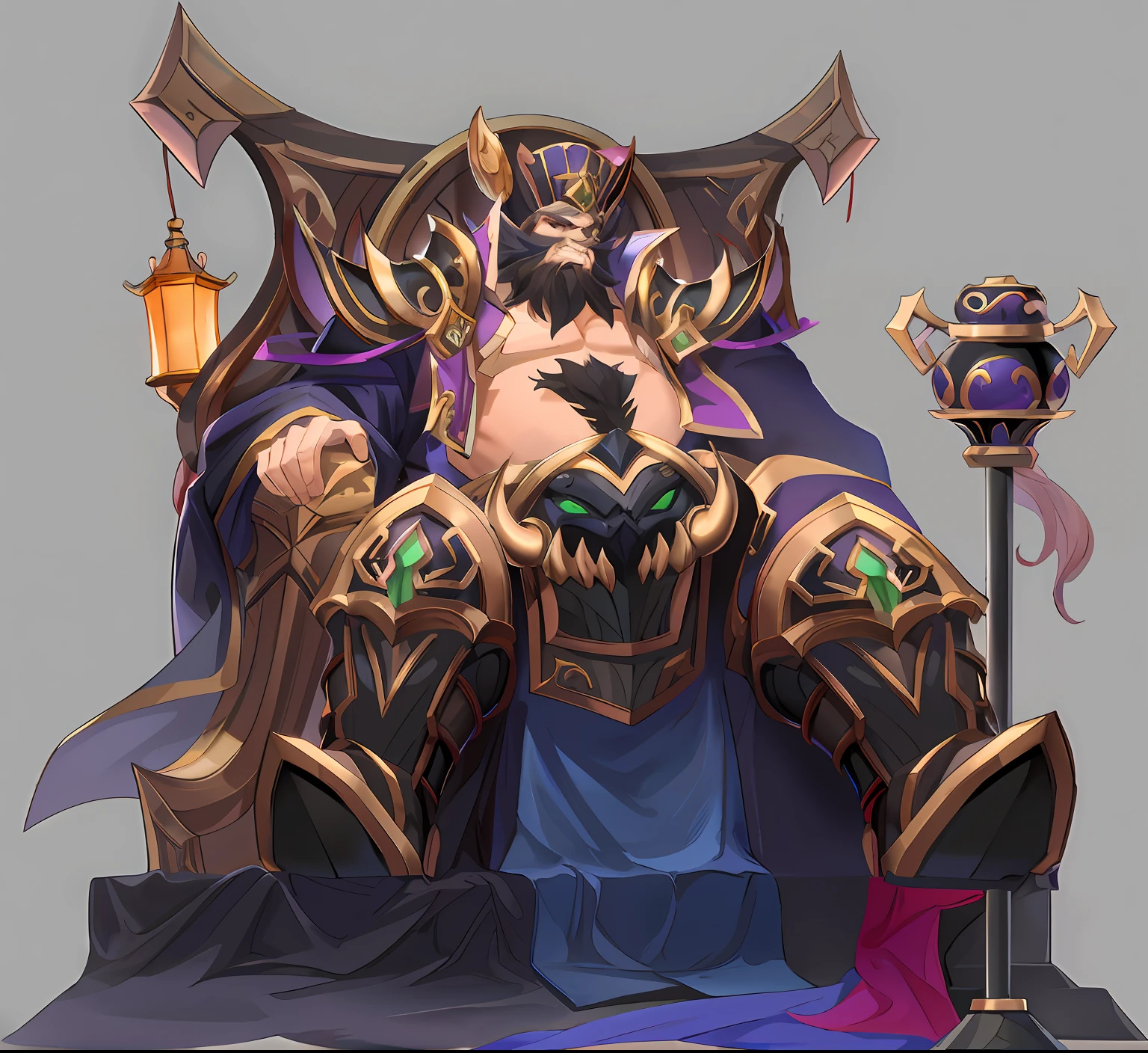 Cartoon close-up of a man sitting on a throne, Fantasy Hearthstone art style, Onmyoji detailed art, world of warcraft art style, hero character art, character design contest winner, portrait of emperor of mankind, hearthstone art style, hearthstone art style, G Liulian art style, demon noble character design, hearthstone concept art
