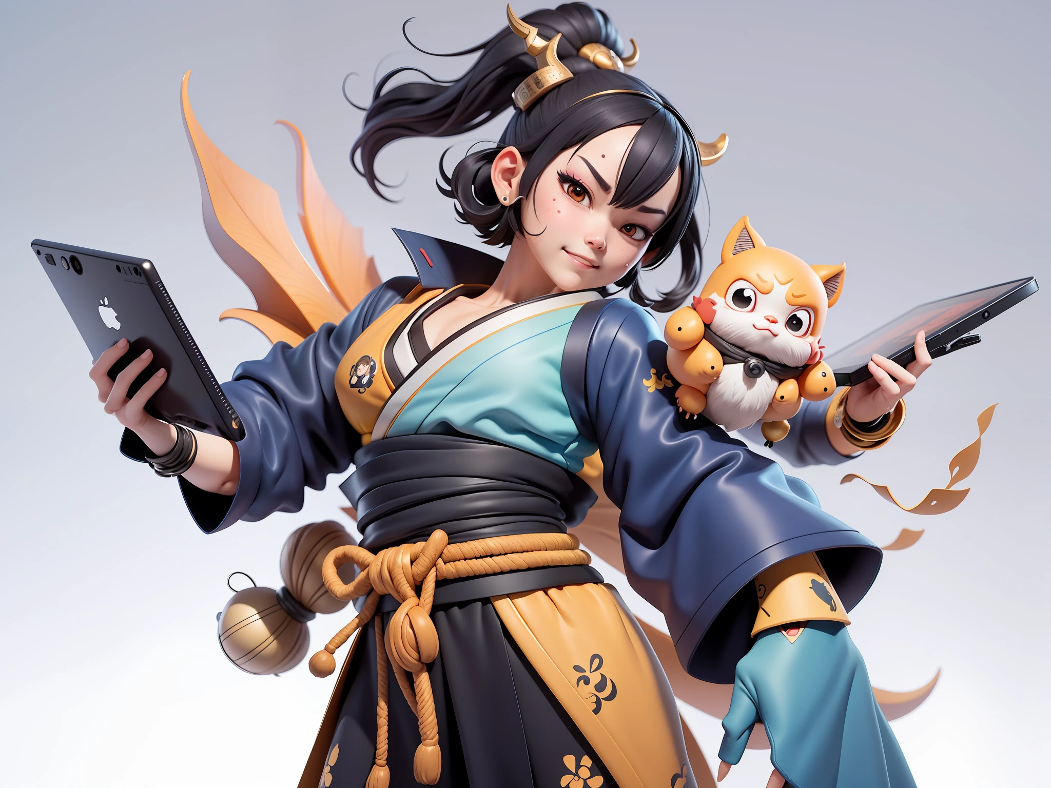 (Daisaku),(Need),(Super meticulous),(full bodyesbian:1.2),Japanese ukiyo-e girl，japanese geisha，Beautiful，Oriental dragon，Aeolian Thor，Raised sexy，爆乳，Oriental face，TV Anchor，Bust portrait illustration，Alone，In black suit，a blue tie，The face is slightly chubby，The face was clean，without a beard，Black super short hair，Black eyes，Smile confidently，3C computer sub-products，iPad， iphone，Digital painting，3D character design by Mark Clairen and Pixar and Hayao Miyazaki and Akira Toriyama，The illustration is a high-definition illustration in 4K resolution，With very detailed facial features and cartoon-style visuals。