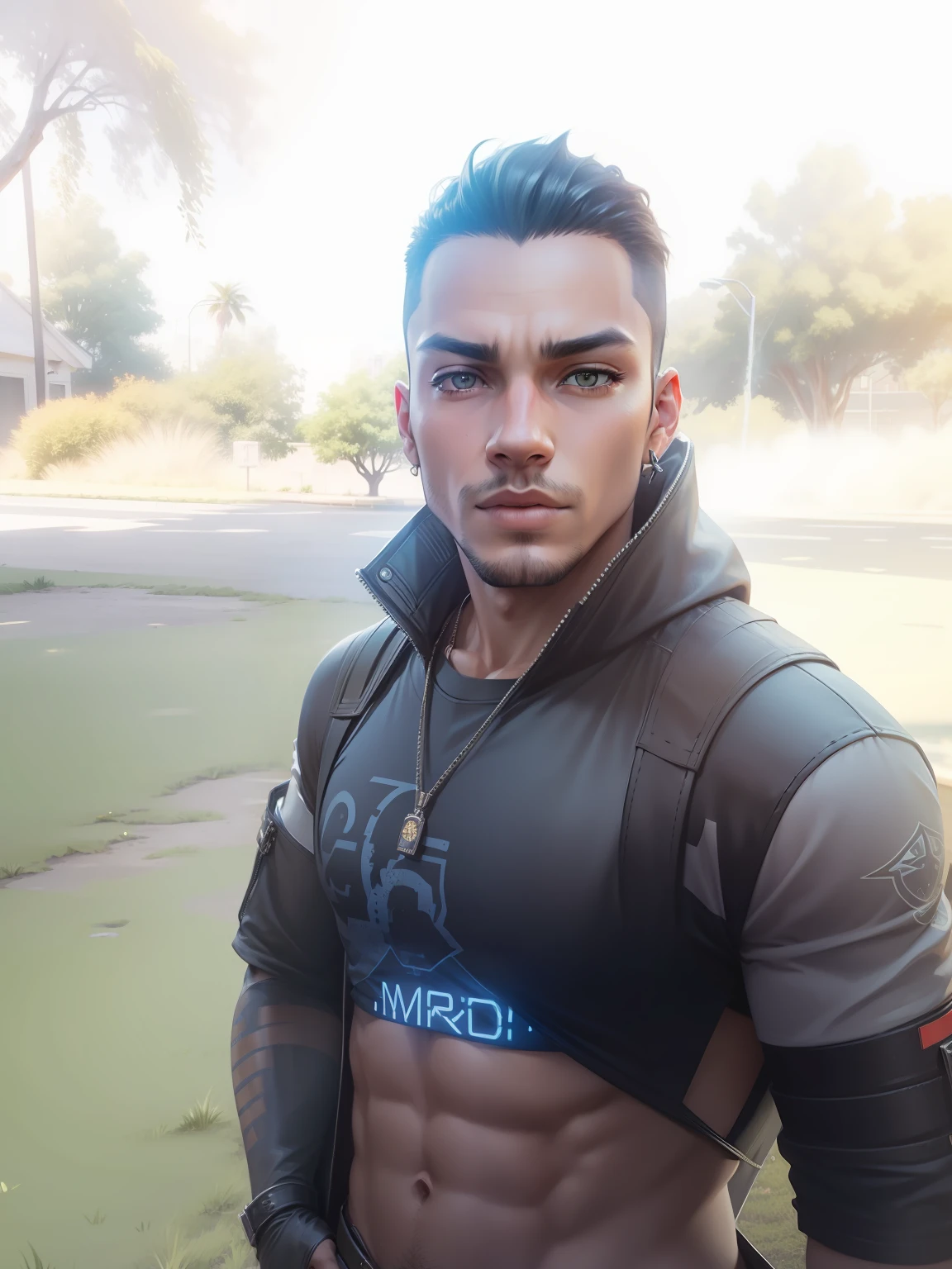Sunside background  syperpunk handsome cat boy ultra realistic