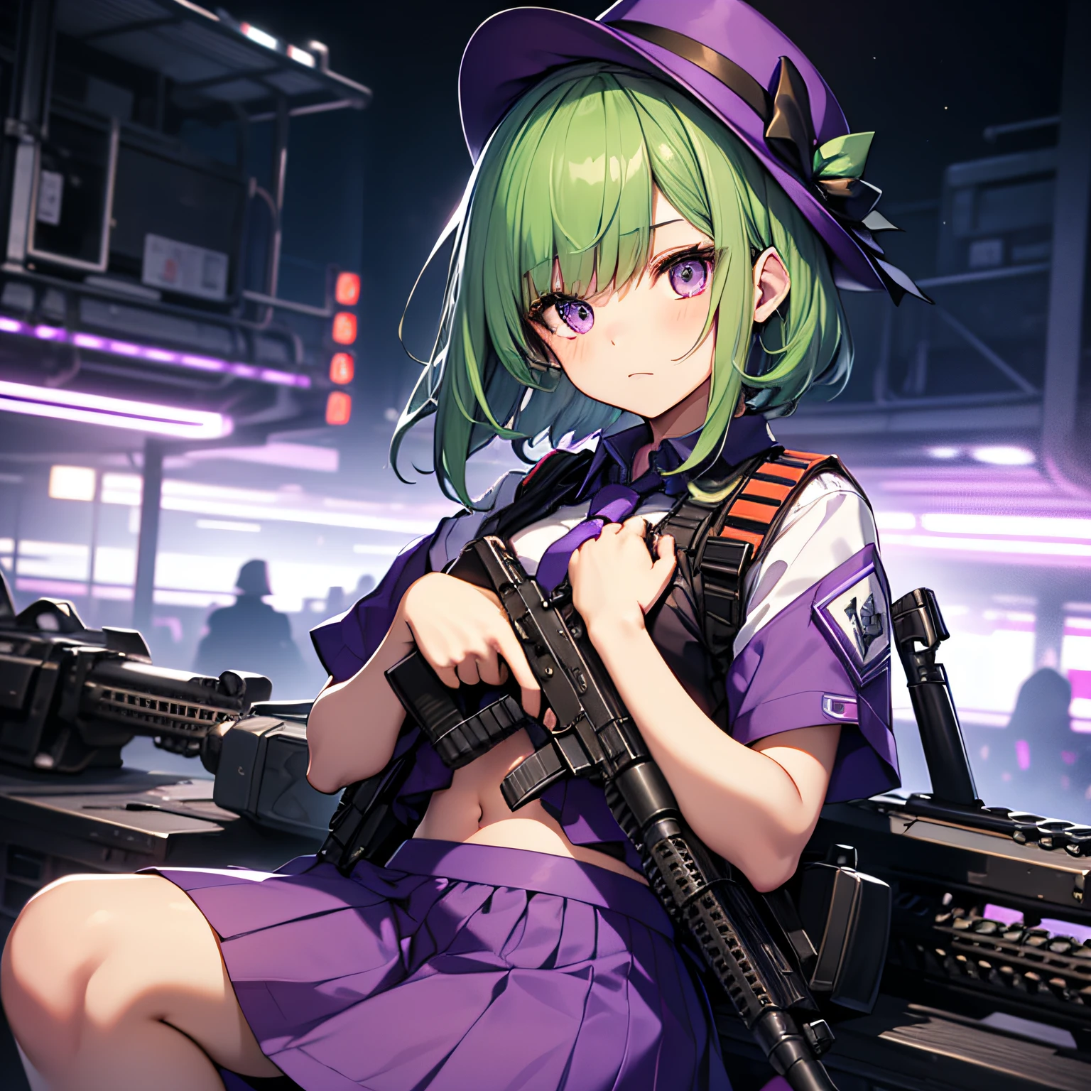 top-quality、extremely delicate and beautiful、(A teenage girl)、Purple Eye、Green hair、short-haired、(Purple pointy hat)、Purple tie、Soio、shortsleeves、Purple skirt、Navel,Tactical Vest、shortsleeves、Purple skirt、((Holding an assault rifle in both hands))、Midnight background