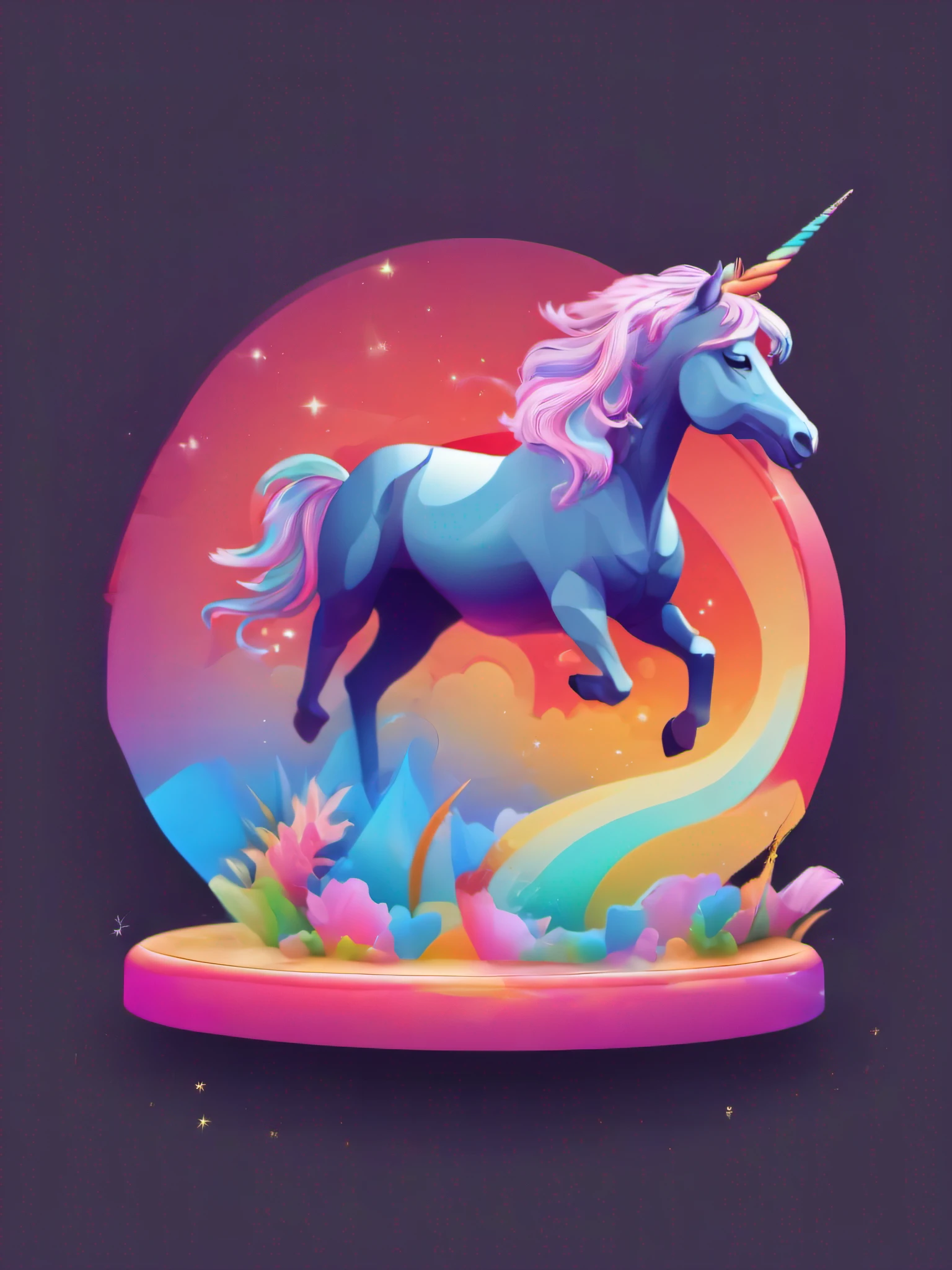 unicorn_dabbing, mythical diorama, vector, 2D illustration, dark background, modern, colorful gradient, front view