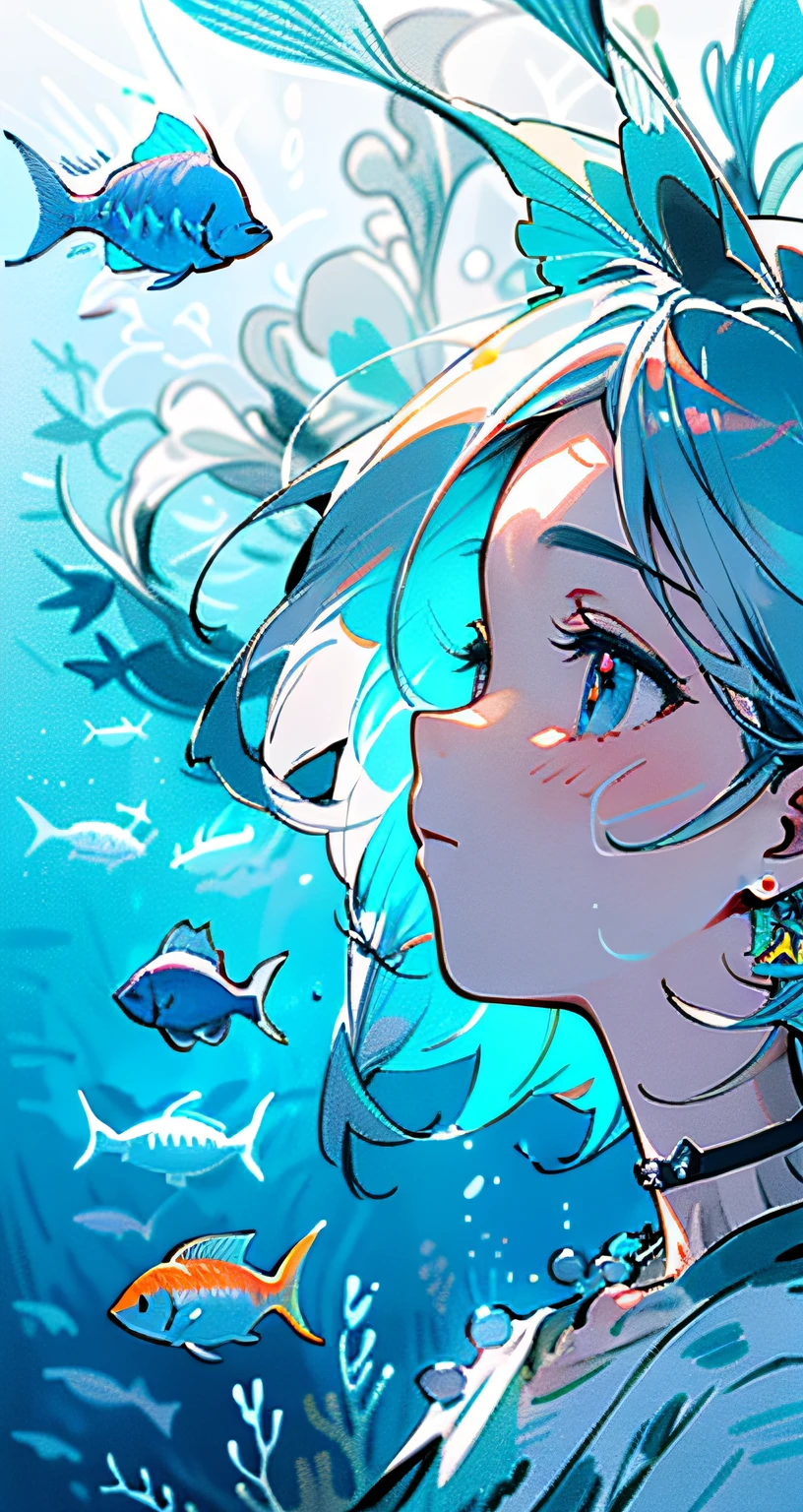 Kizi，(facial closeups)，sideface，eBlue eyes，whaite hair，short detailed hair，usa ropa blanca，Light blue theme，((Light blue background))，(((Schools of colorful fish)))，独奏，jewely，耳Nipple Ring，Buble，choker necklace，Underwater footage，jelly fish，seaweed，Floating hair，((Exquisite digital illustration))，Multi-detail digital illustration，A high resolution，high qulity