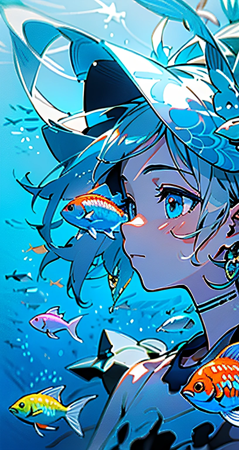 Kizi,(facial closeups),sideface,eBlue eyes,whaite hair,short detailed hair,usa ropa blanca,Light blue theme,((Light blue background)),(((Schools of colorful fish))),独奏,jewely,耳Nipple Ring,Buble,choker necklace,Underwater footage,jelly fish,seaweed,Floating hair,((Exquisite digital illustration)),Multi-detail digital illustration,A high resolution,high qulity