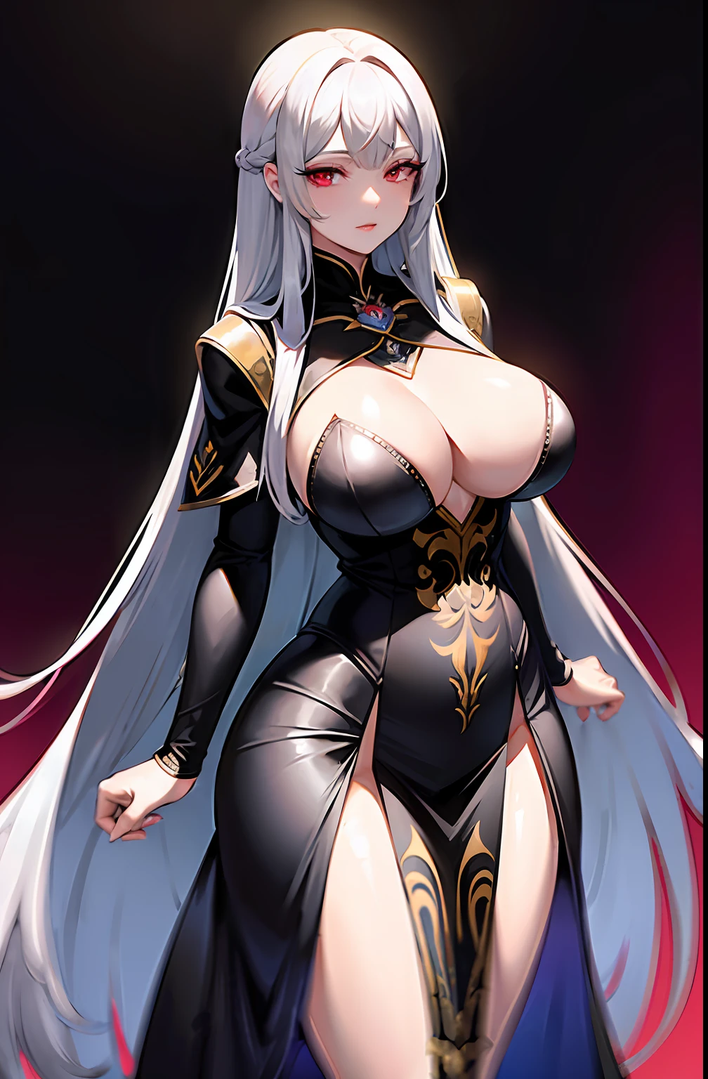 Una hermosa mujer mayor , Long straight hair with silver bangs with pale-skinned crimson eyes , con un voluptuoso pecho. He wore a dark robe with golden patterns....