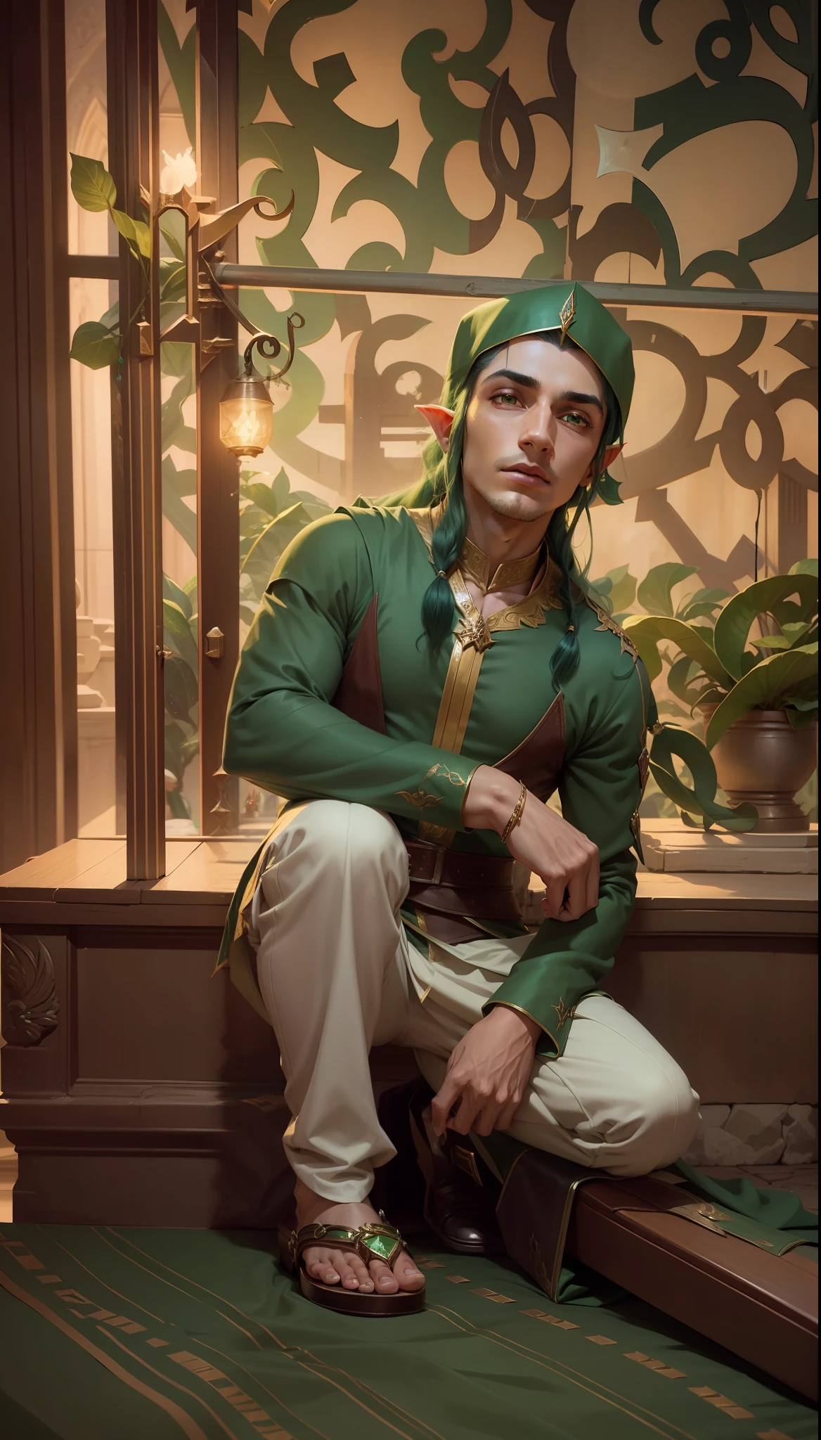 arafed image of a man with green hair holding a green crystal, beautiful male elf, elven male, a portrait of a male elf, fantasy male portrait, beautiful androgynous prince, a male elf, green mane, maya ali as a d&d sorcerer, maya ali as d&d sorcerer, as a medieval fantasy character