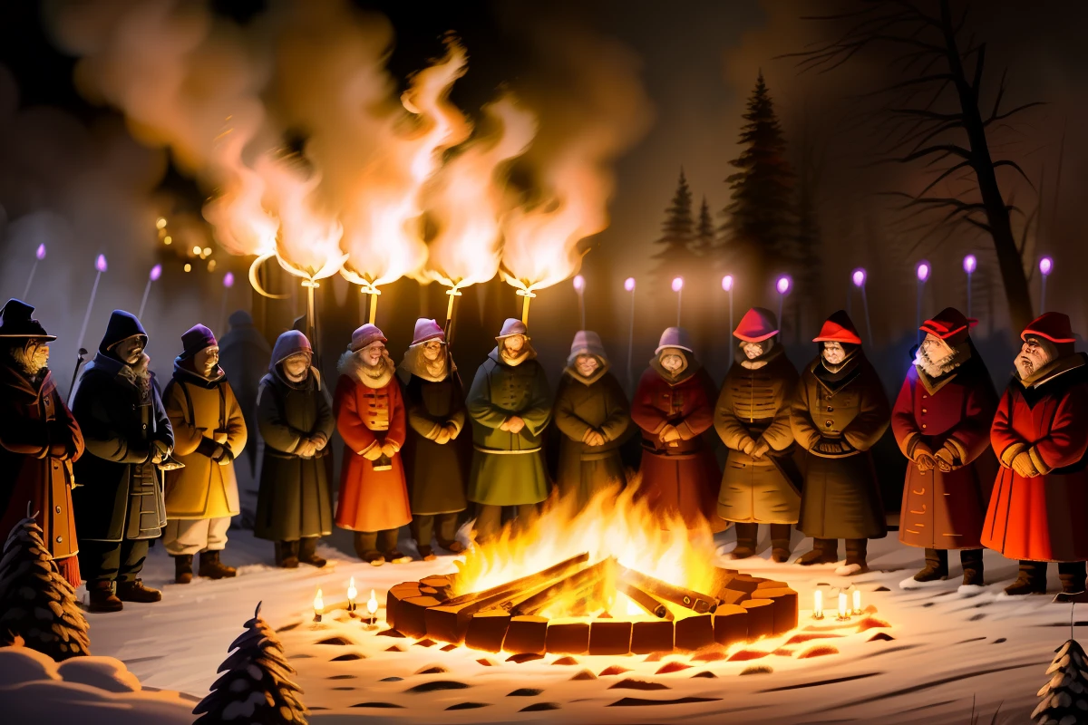 People gathered around a large fire pit with torches, Burning torches and pitchforks, torch - lit, Torches on the ground, The torch is lit, torches alit in the background, People who face the Circle of Fire, Flashlight lighting, lots of fire, festivity, torches, flashlights, lots of flames, Winter solstice fire, photo from a spectator, Burning trees