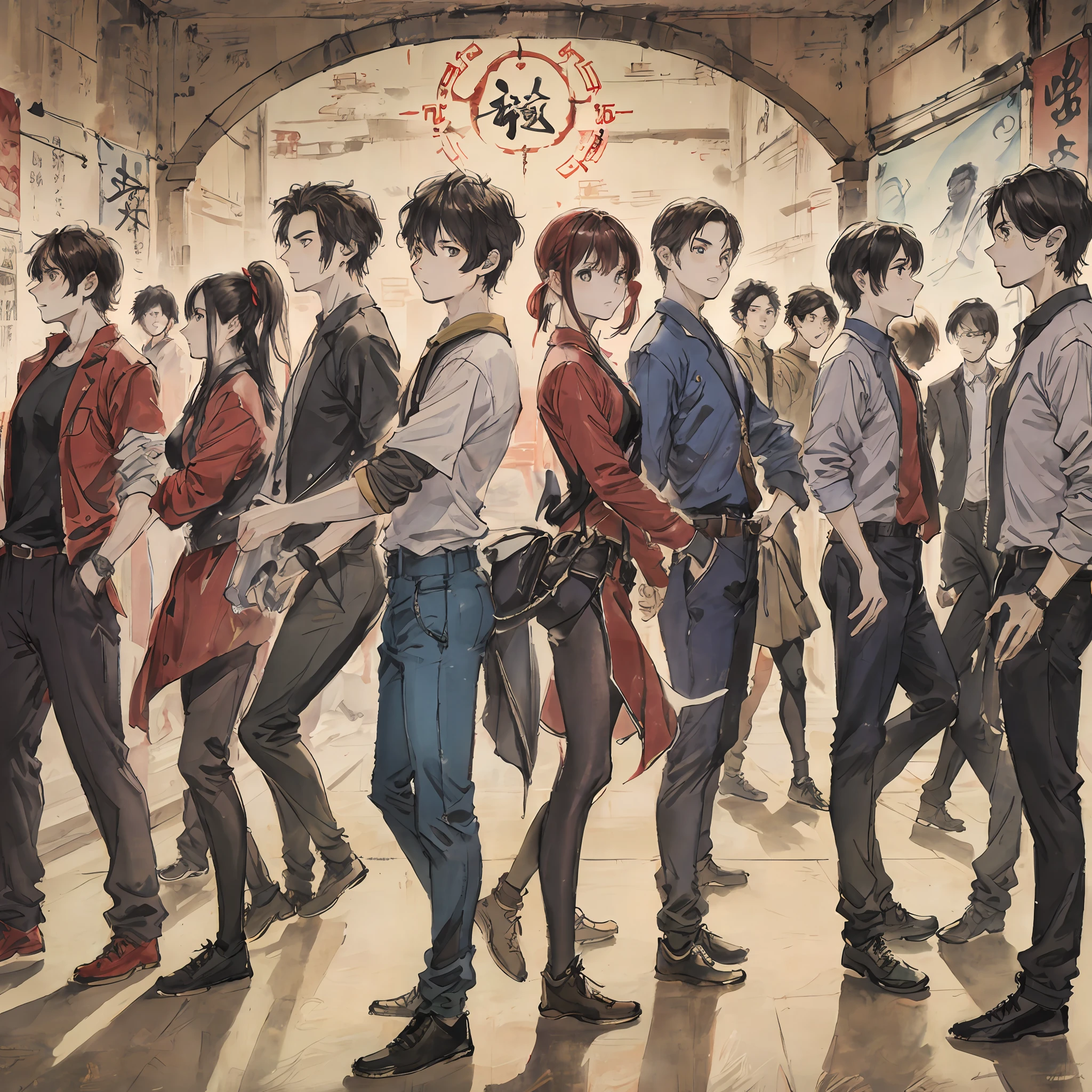 dynamic angle, top quality, masterpiece, kung fu film, action, group shot:0.1, 6+boys, 6+girls, absurdres,