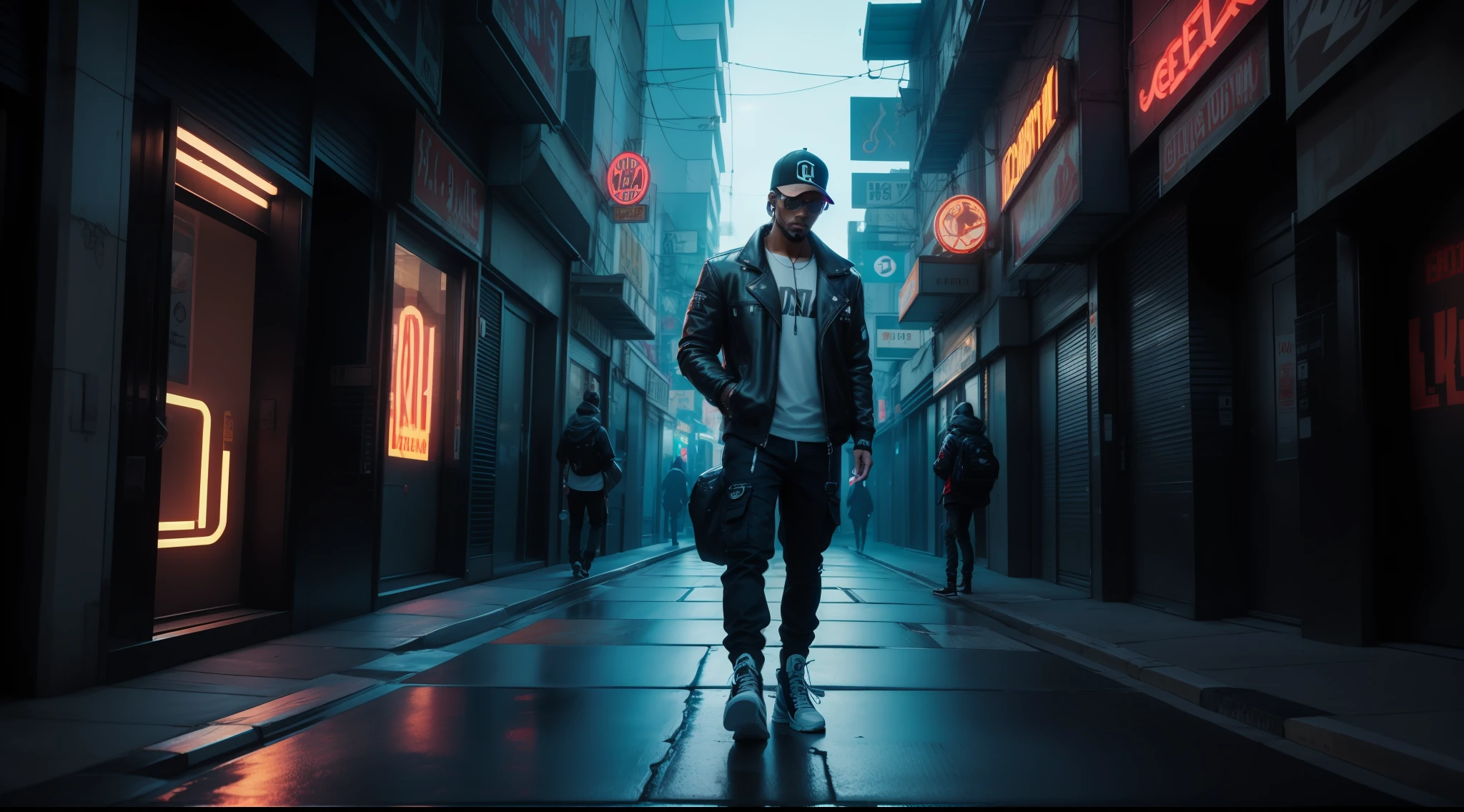 homem brasileiro, afro descendente, cabelo dreadlock curto masculino high fate with twist, jaqueta streetwear moderna, cargo pants, em uma cidade cyberpunk populosa, (sentado desleixado em um banco: 1.4), neon lighting, estilo glitched 3D, in the nighttime, super detalhado, intrincado, 8k, melhor qualidade, RTX