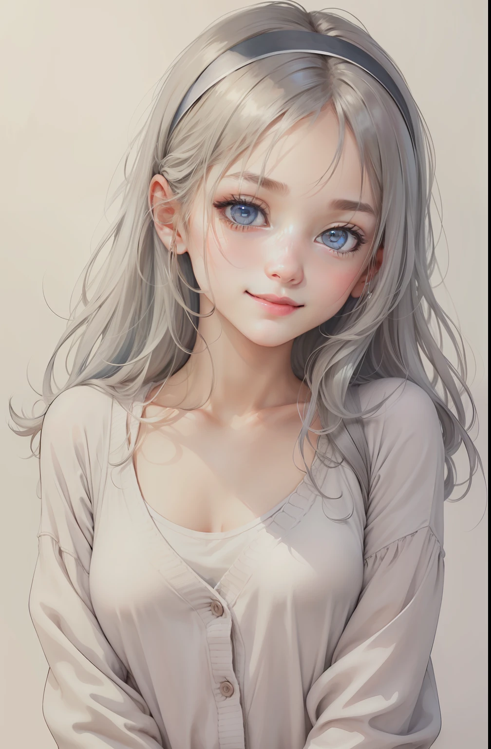 1girl in、top-quality、beautidful eyes、smiling girl、top-quality、Gray filter、watercolor paiting、Wearing a hair band、natural soft light、wide angles、simple background、The upper part of the body、white clothes、Rib knit cardigan