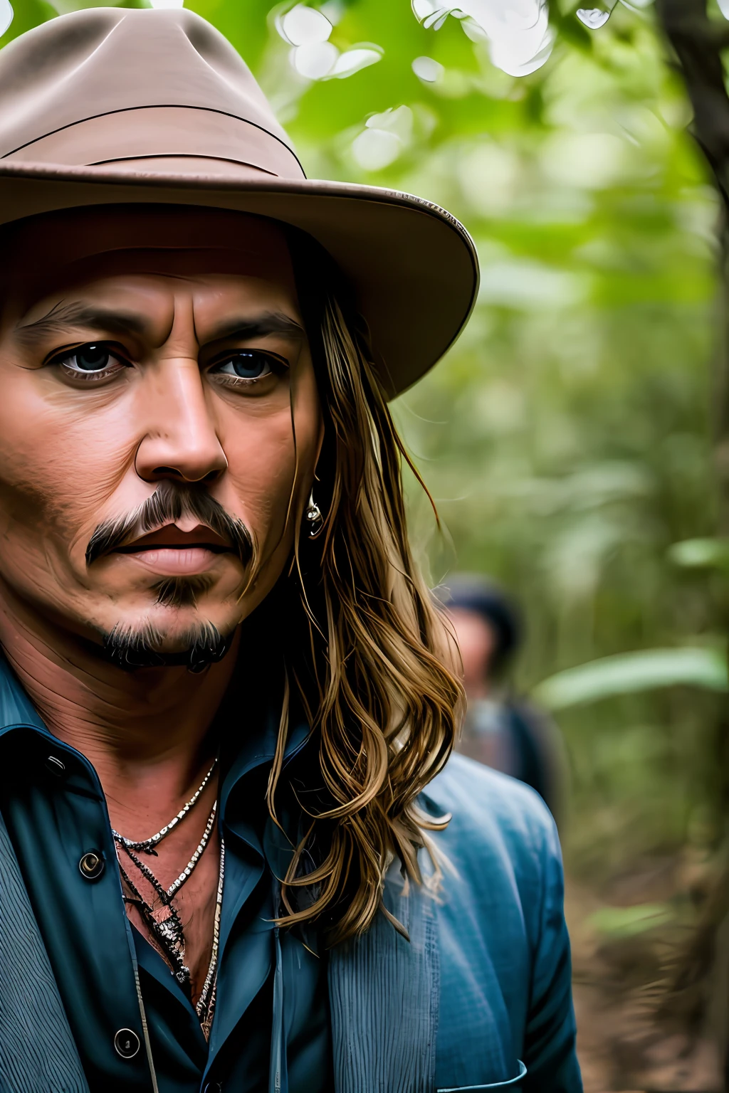 Masterpiece, Johnny Depp Walks Through the Jungle (Night of Fireflies), (High Detail: 1 1), Rough Face, Natural Skin, High Quality, NSFW, Beautiful Eyes, (Detailed Face and Eyes), (Face :1 2), noise, extra, real photo, PSD, light film photography, sharp focus, contrast lighting, detailed skin, high resolution 8k, crazy detail, realistic, professional photography, 8k UHD, DSLR, soft light , high quality, film grain, Fujifilm XT3