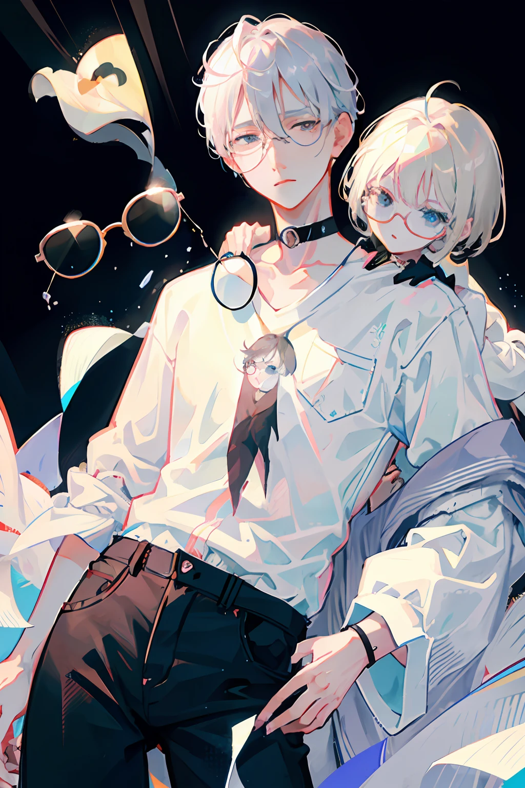 top-quality、超A high resolution、(Photorealsitic:1.4)、1 male、white  shirt、Black pants、a black choker、((eye glasses))、(Kpop Idle)、(attractiveness:1)、(Platinum blonde grey hair: 1), ((Puffy eyes)), Look at the viewer, full bodyesbian, florals