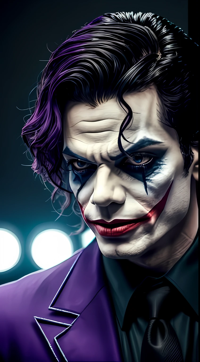 "Imagine the scene of actor Michael Jackson as the Joker with an intense and terrifying performance, transmitindo a loucura e a maldade do personagem. Her makeup is scary and her eyes reflect insanity. He dons the classic purple Joker suit and holds a staff with an evil smile on his face. The scenery in the background is dark and chaotic, refletindo a mente perturbada do personagem."
