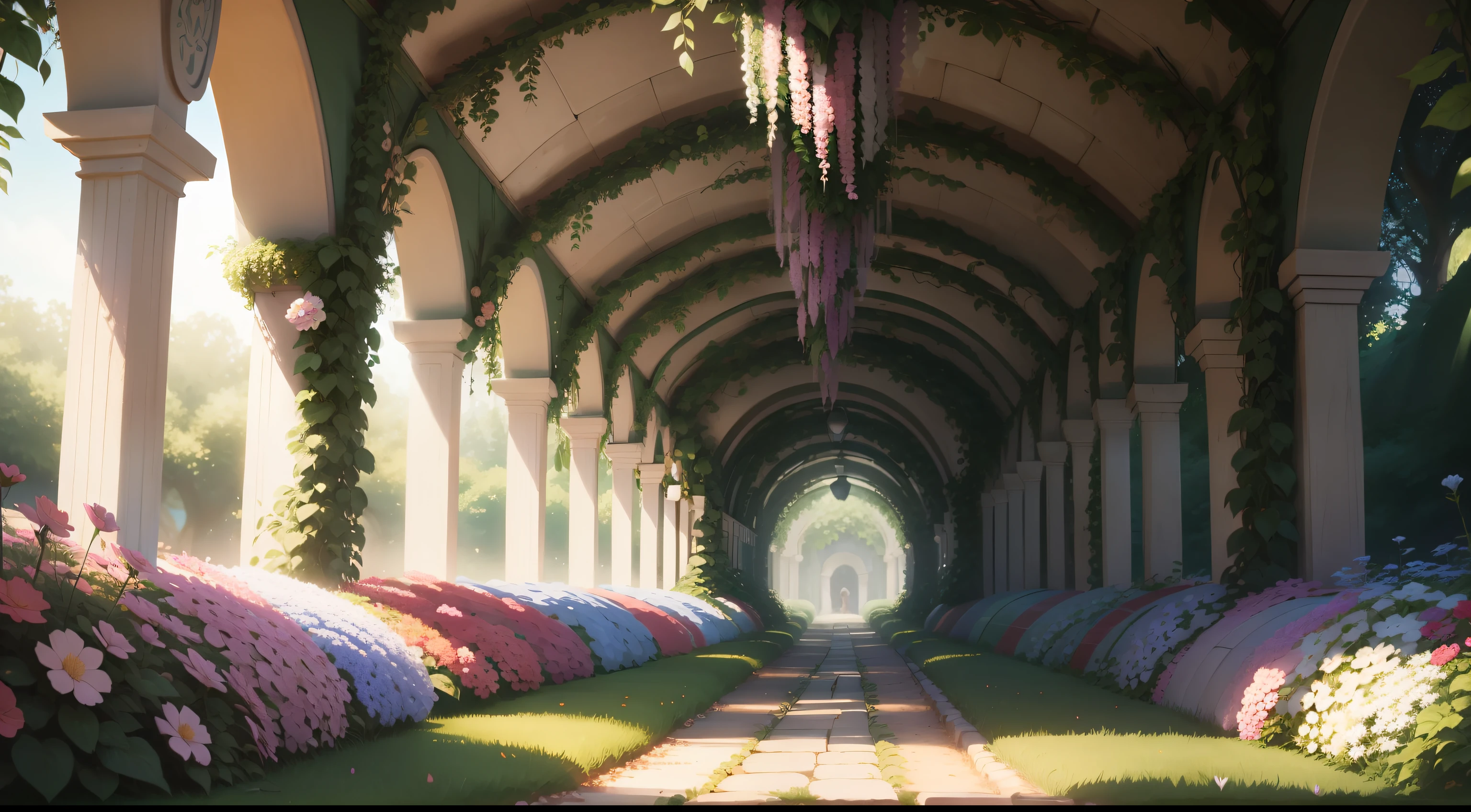 Cute magical garden and a tunnel of a beautiful flowerly decorated tunnel of arbor giving a sense of depth to the scene, the garden is surrounded by surreal hedgegrow