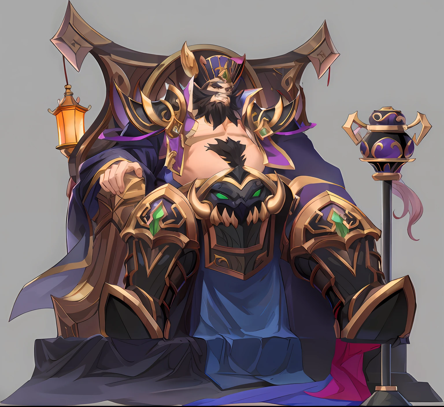 Cartoon close-up of a man sitting on a throne, Fantasy Hearthstone art style, Onmyoji detailed art, world of warcraft art style, hero character art, character design contest winner, portrait of emperor of mankind, hearthstone art style, hearthstone art style, G Liulian art style, demon noble character design, hearthstone concept art