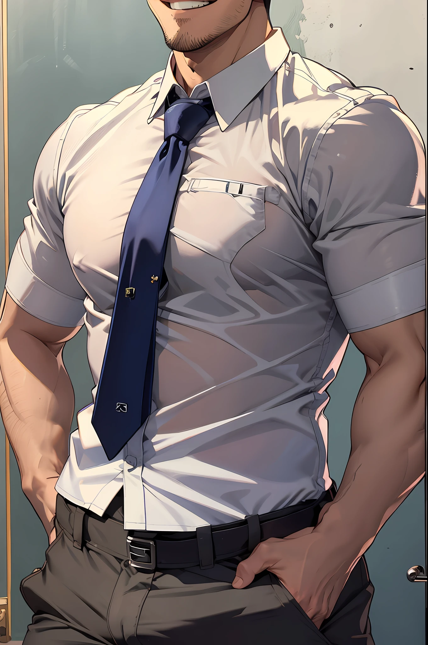Masterpiece, Best quality, 1boy, VPL, Chinese khaki, Buttoned shirts and ties, risque, fake smile, Biceps, VPL, groping,
