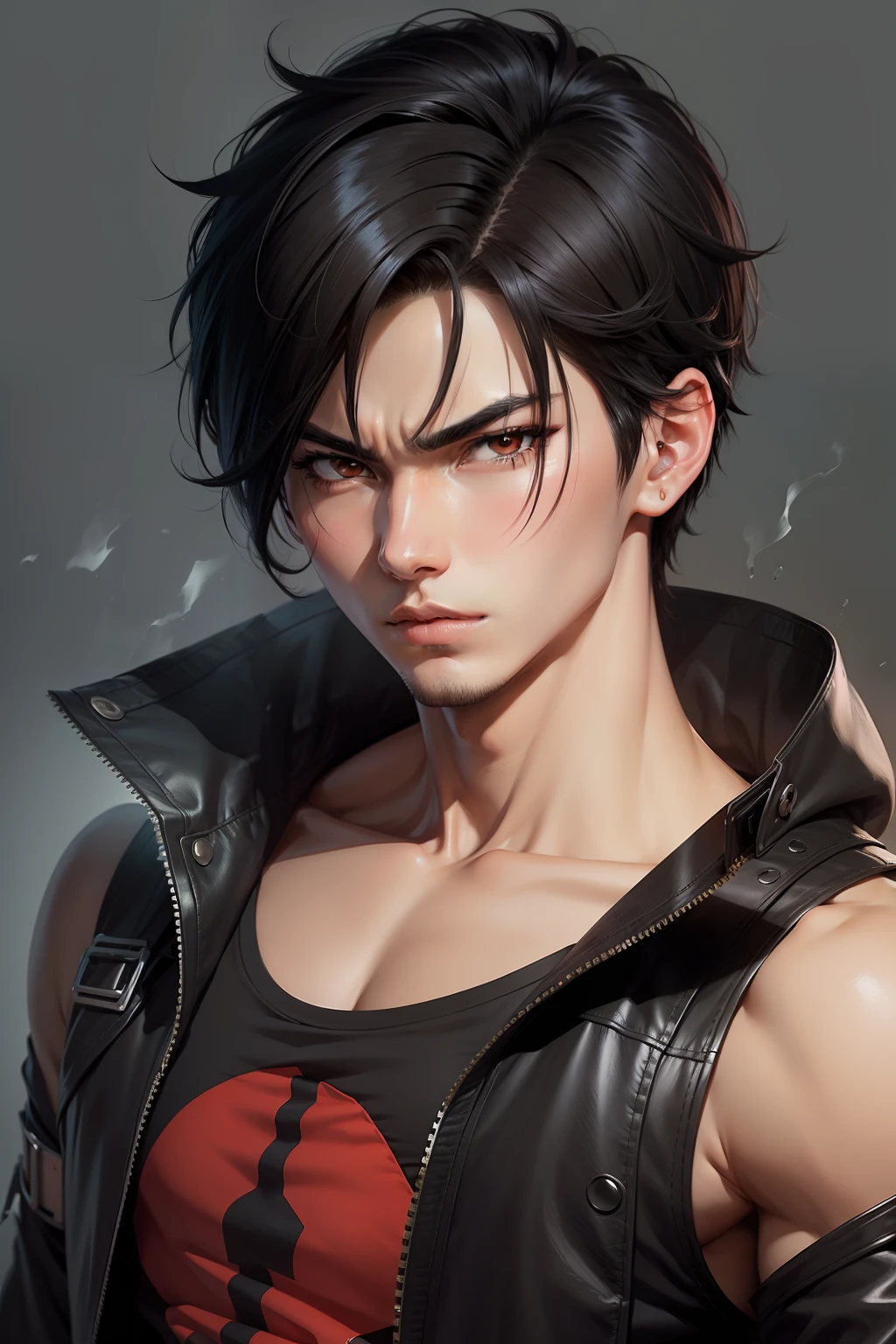 man anime style, black hair and cut, eye left x format, eye brown color, close lips, bad mood