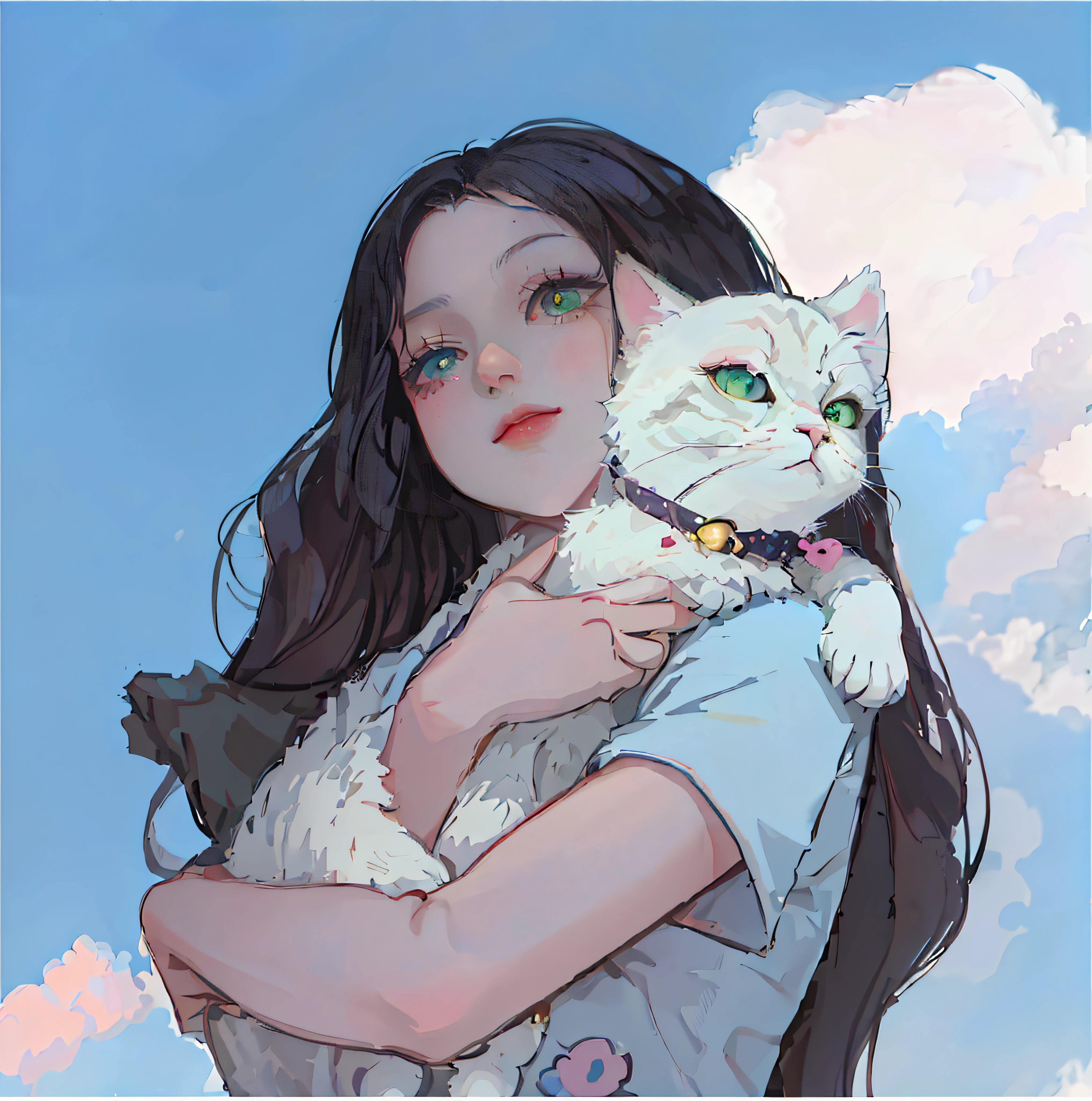 Anime girl with white cat with green eyes and collar、Beautiful Anime Cat Girl、anime styled、anime styled、Anime-style illustrations、Bowater's Art Style、Very Beautiful Anime Cat Girl、Artwork in the style of Gwise、digital anime illustration、anime style portrait、Made in Anime Painter Studio、anime catgirl、Pink cat