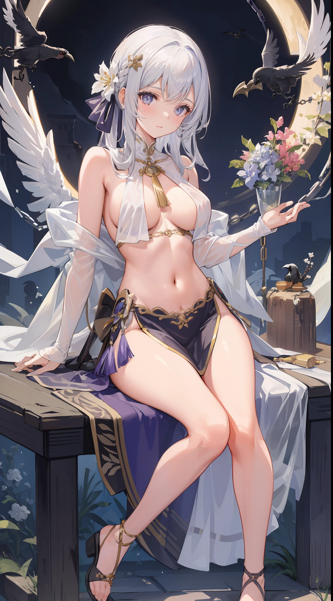 (Masterpiece), (Best quality), full bodyesbian,Simple background,Sitting,
1girll,Shiny hair,White hair,feathers hair ornament, White cloak, ((See-through)),navel,Light smile,hair
planting, flower, full_Moon, ((crow)),Chains,废墟,
1 gir, in flower,Naked female big breast ,1girl in flower ,navel,