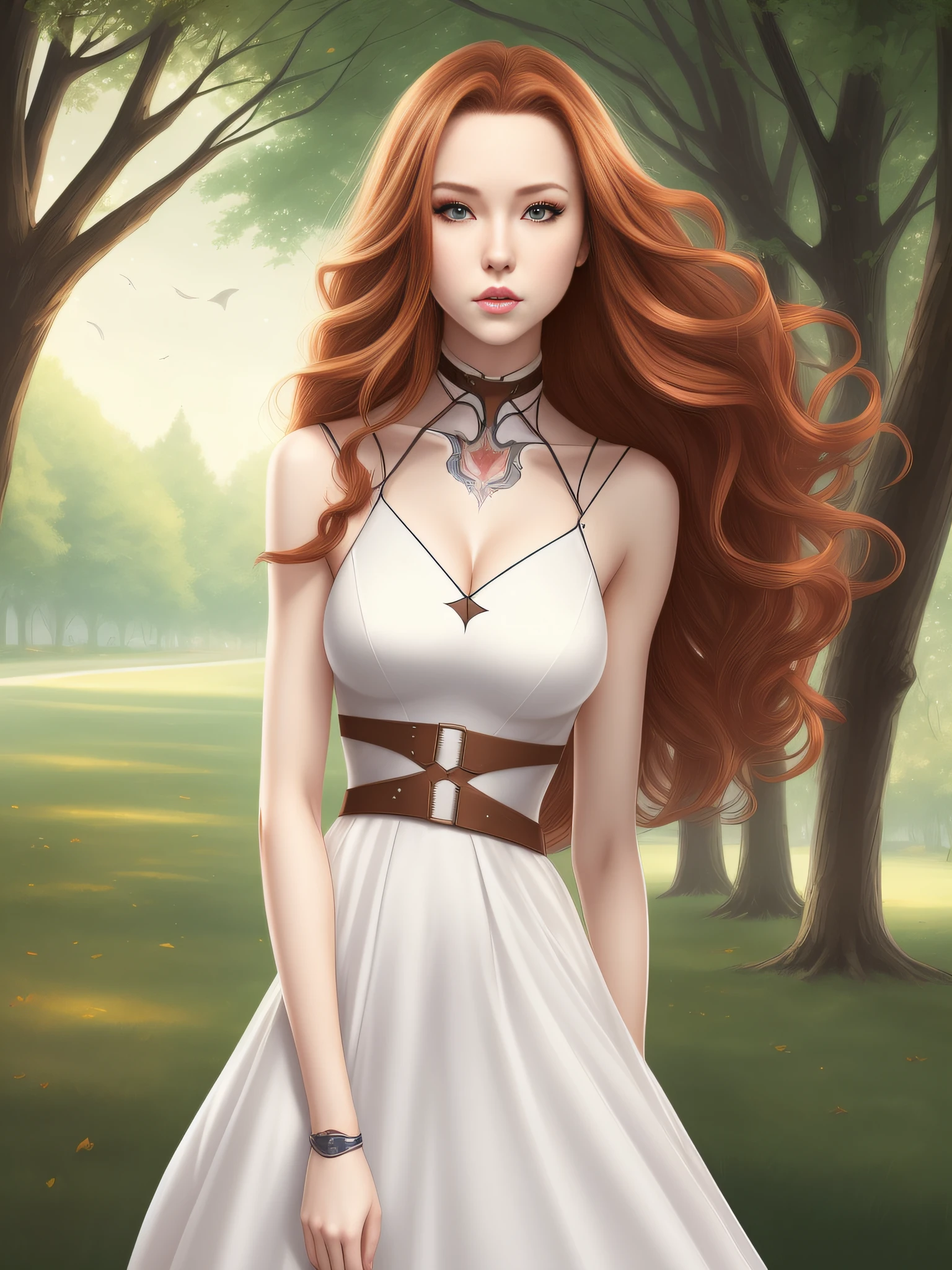 artgerm lau, beautiful caucasian lady in park in moonlight, shadows, hdr, ginger long hair down to her waist, wearing a white dress, anatomical correct, (high contrast:1.2), dark, night, outlined