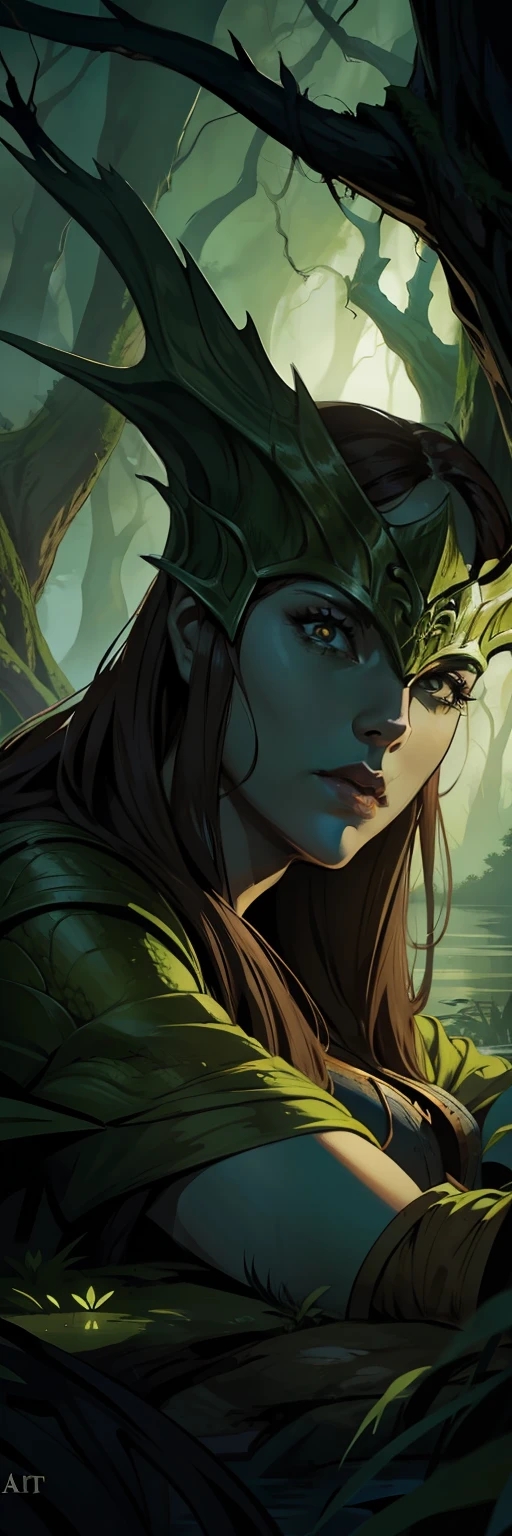 medieval fantasy illustration, tree heads hydra on a swamp, dark light, detailed background