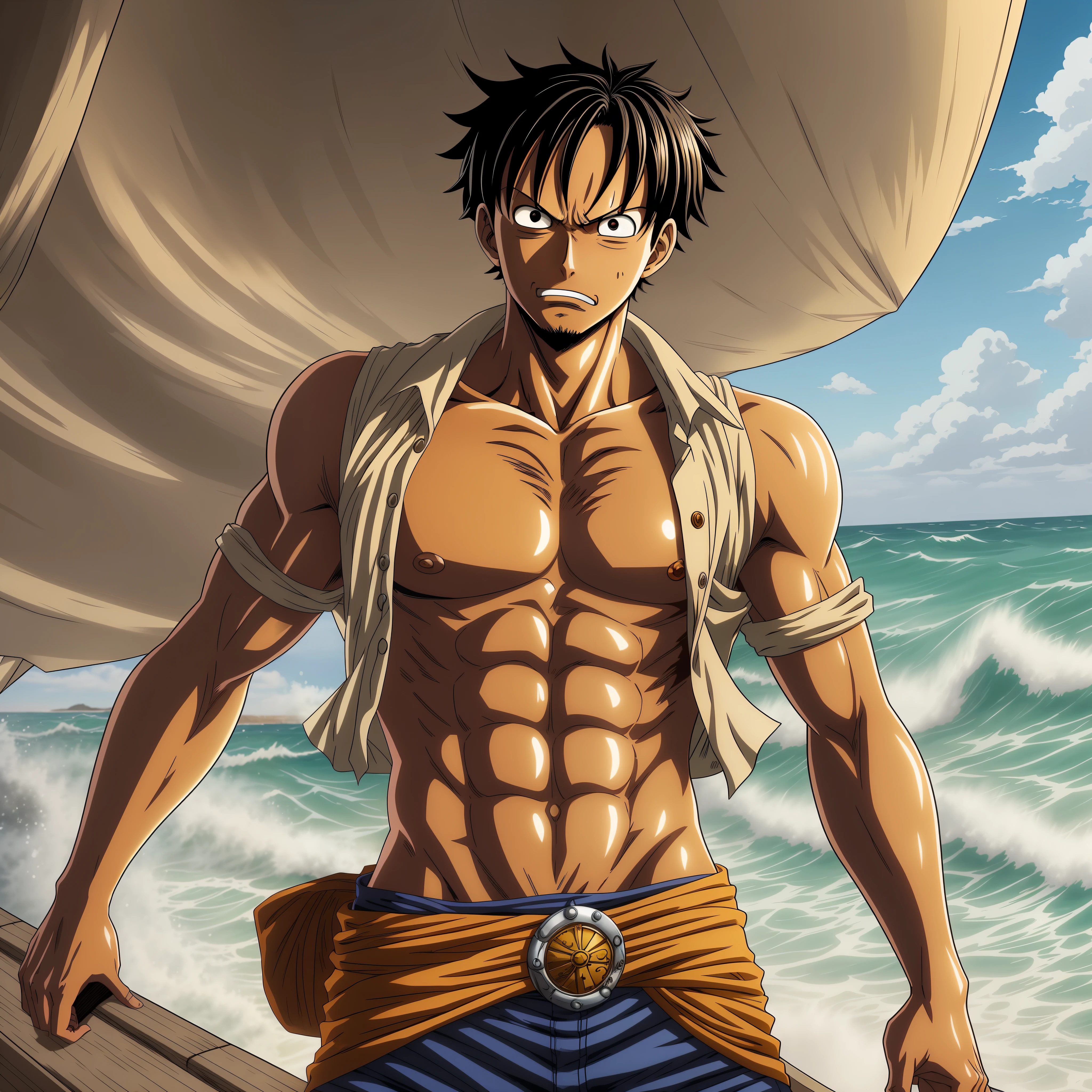 "Imagine a realistic depiction of Monkey D. Luffy, o protagonista do anime One Piece, sem camisa. In this version, Luffy has an impressive physique, with well-defined muscles and a cute appearance. He exudes confidence and determination in his gaze. Ao fundo, There is the scenery of the open sea, with powerful waves that reflect Luffy's determination to become the Pirate King. Create an illustration or story that captures this realistic and compelling version of Luffy, highlighting his strength and charisma."