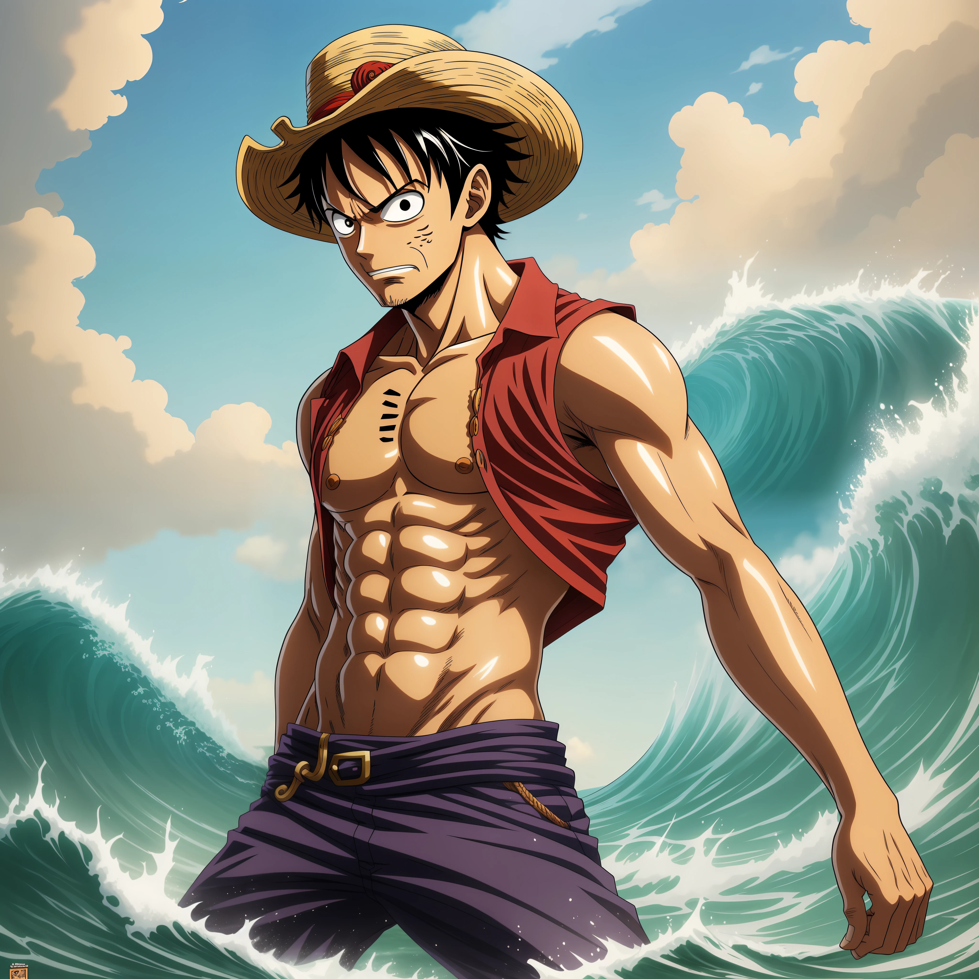 "Imagine a realistic depiction of Monkey D. Luffy, o protagonista do anime One Piece, sem camisa. In this version, Luffy has an impressive physique, with well-defined muscles and a cute appearance. He exudes confidence and determination in his gaze. Ao fundo, There is the scenery of the open sea, with powerful waves that reflect Luffy's determination to become the Pirate King. Create an illustration or story that captures this realistic and compelling version of Luffy, highlighting his strength and charisma."