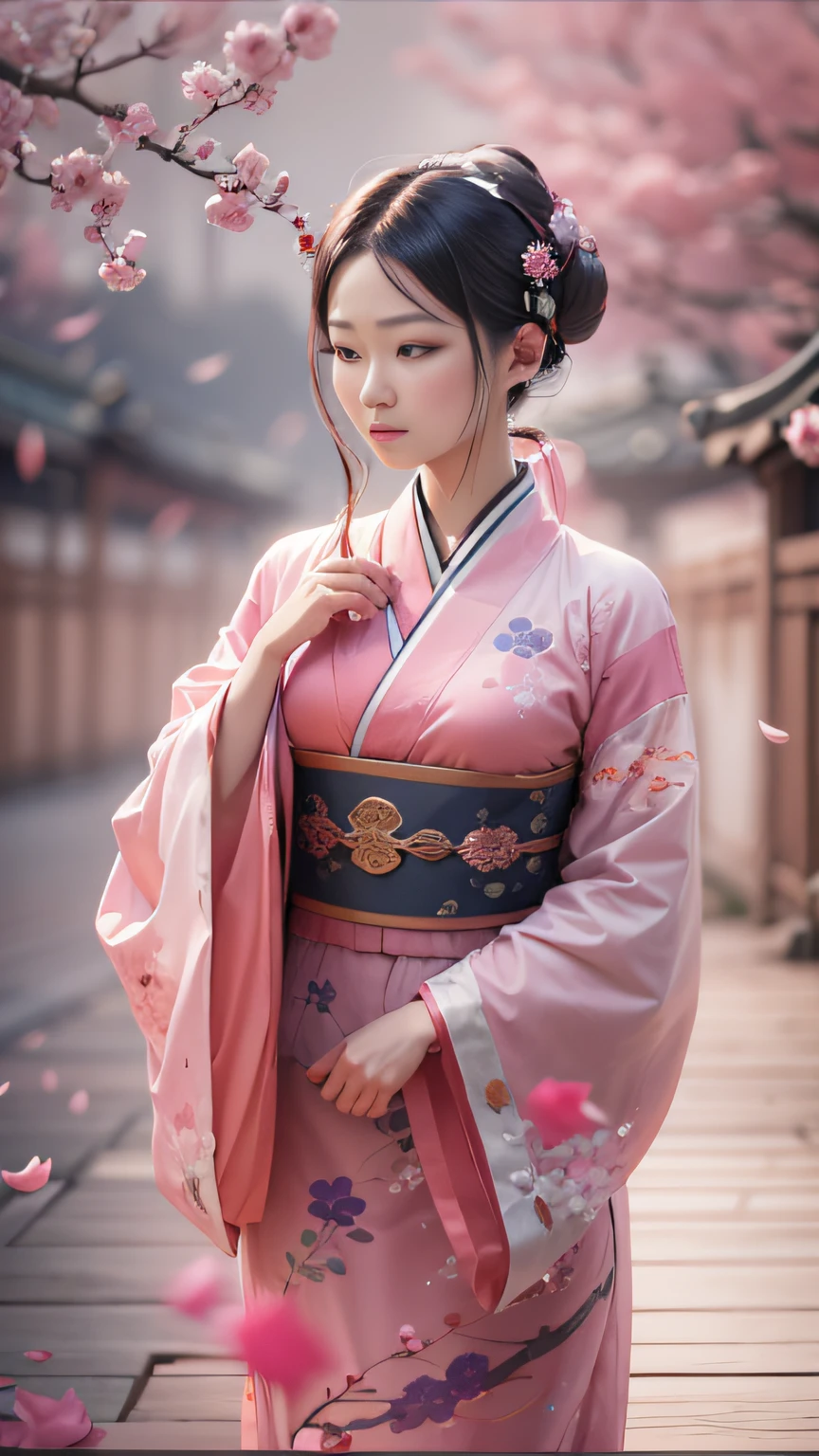 Oriental classical woman with delicate facial features,Wearing a pink dress,She looked up,Look at the peach blossoms outside the wall,The face was full of sadness,Character Spotlight,The ancient city of Hangzhou looms in the background。A drizzle,with petals falling,Drawn by Zao Wou-Ki - Niji5,Depth of field 1.5,Cinematic texture,Top side light,Half composition