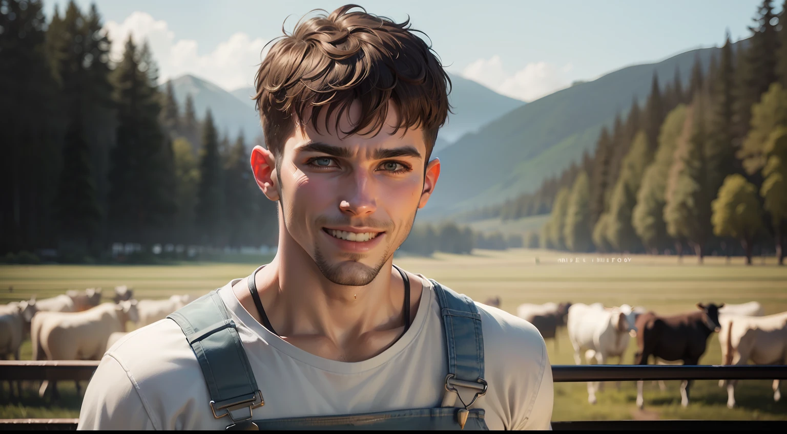 The man's name is Pulisic，He raises his cows on a vast farm，wide wide shot，full bodyesbian，With a smile on your face，Toothy，（Masterpiece，Best quality：1.2），Aalfelder man in overalls，high quality portrait，Rendu portrait 8k，maxwell render，professional portrait hd，well-groomed model，Career back，Dramatic, photorealistic painting art by midjourney and greg rutkowski