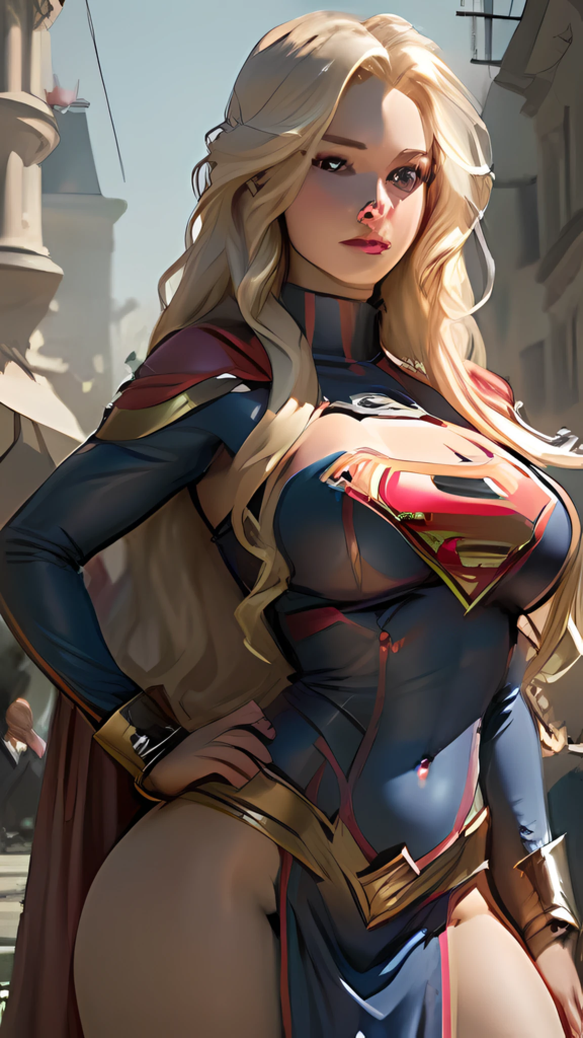 (Best quality)), ((Masterpiece)), ((Realistic)), (Detailed), Detailed face,supergirl Beautiful woman (20 years old, Long blonde hair, Blue eyes) Defined body, Detailed, using tube dress cosplay supergirl suite,(((Huge breasts)))