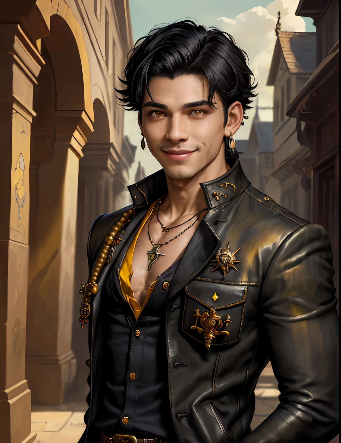 Masterpiece, absurdres, fine detail, HDR,
solo, looking at viewer, smile, shirt, black hair, 1boy, hair between eyes, jewelry, jacket, yellow eyes, upper body, male focus, earrings, necklace, ear piercing, FH