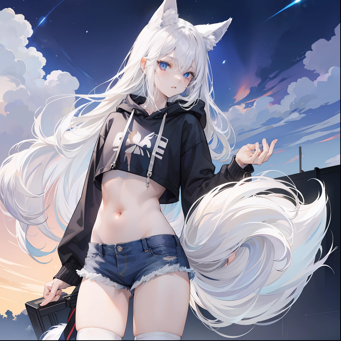 feminine male with long flowing white hair, has wolf ears, has wolf tail, wearing denim short shorts and a cropped black hoodie, thick thighs, wide hips, wearing thigh high socks, solo, alone, no wolves, showing belly, has glowing blue eyes, flat chested