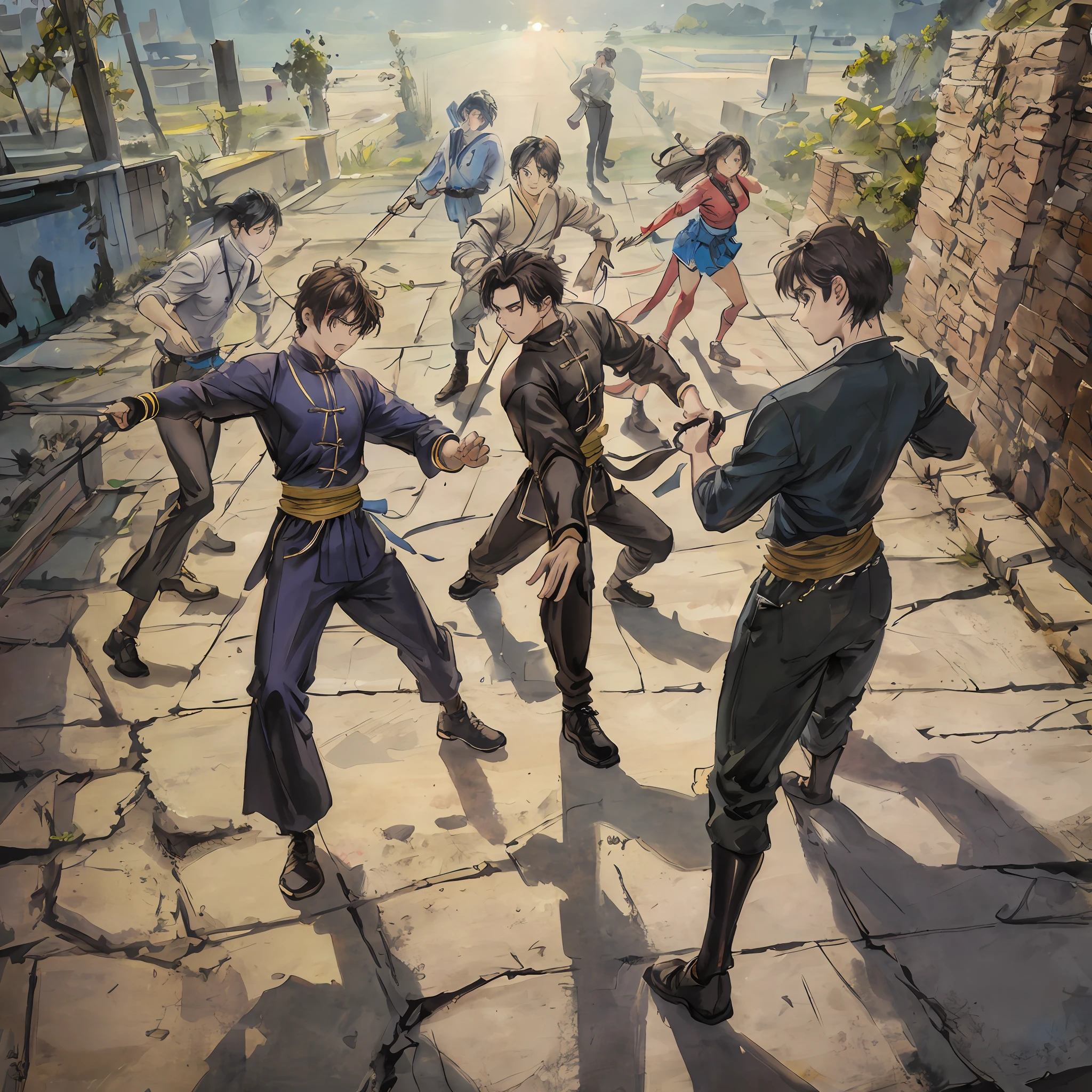 dynamic angle, top quality, masterpiece, kung fu film, action, 3+boys, 3+girls, absurdres,