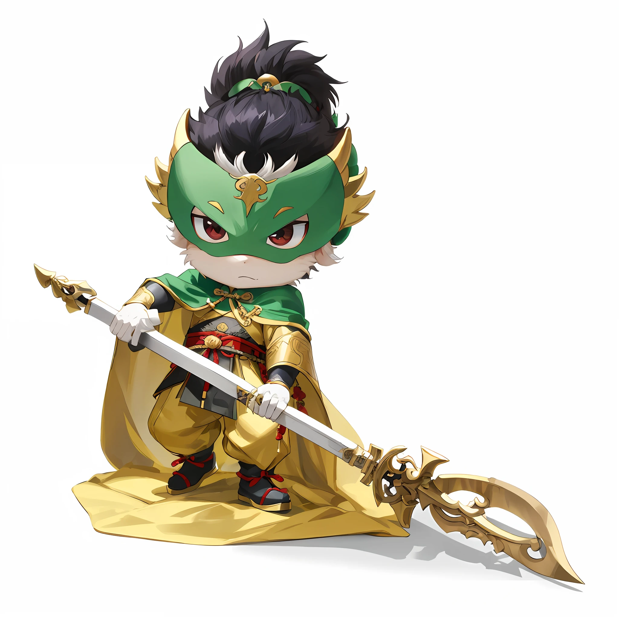 Male with a spear,Chibi anime characters,Chinese style,Chinese costumes,Chinese shoes,Refinement,Cloak,Chinese pattern,Silver armor,Horse steps,high definition detail,infinite details,tmasterpiece,HighestQuali,8K combat stance, confident heroic pose, mid view