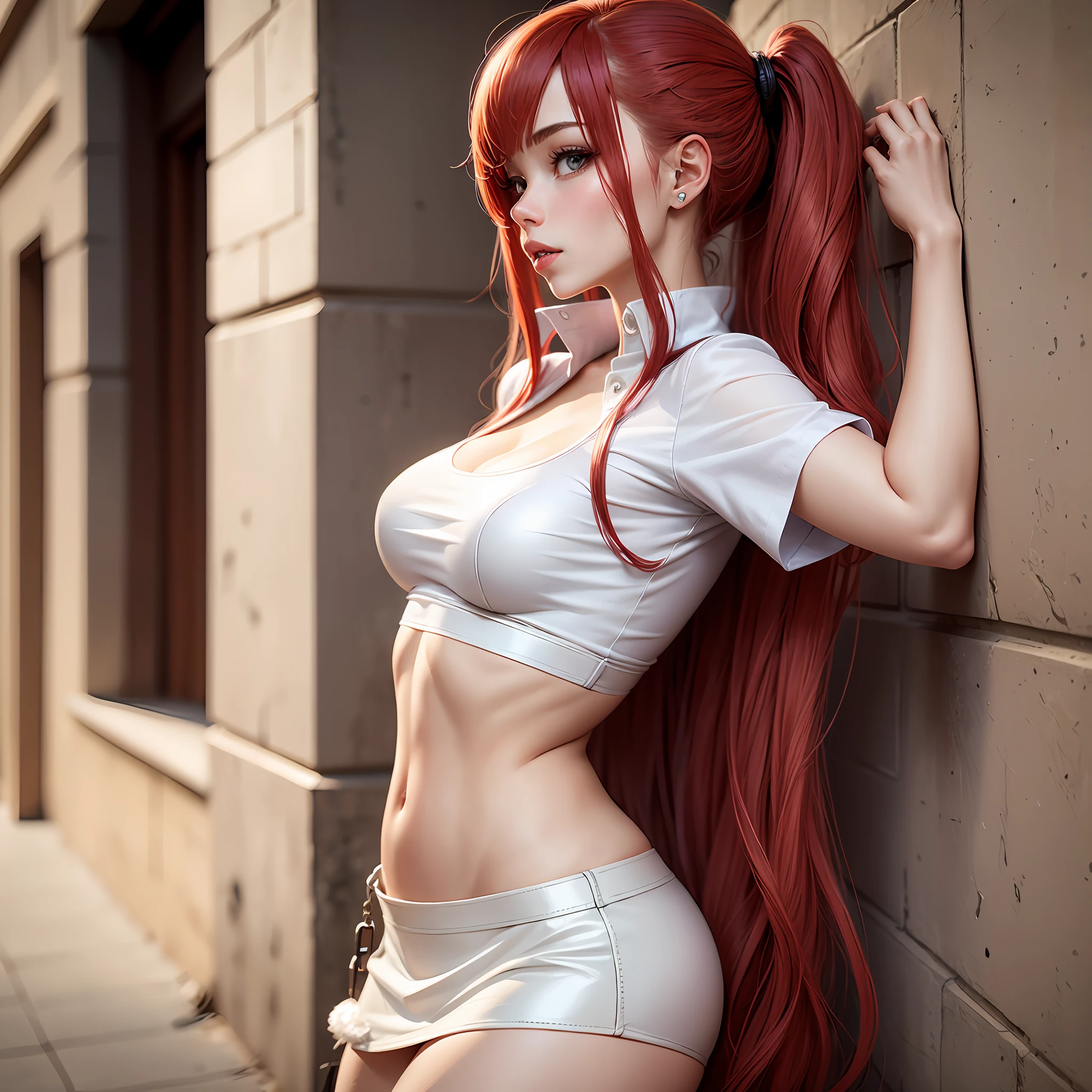 sexy woman with long red hairs showing her small breasts wering a  white leather mini skirt --auto --s2
