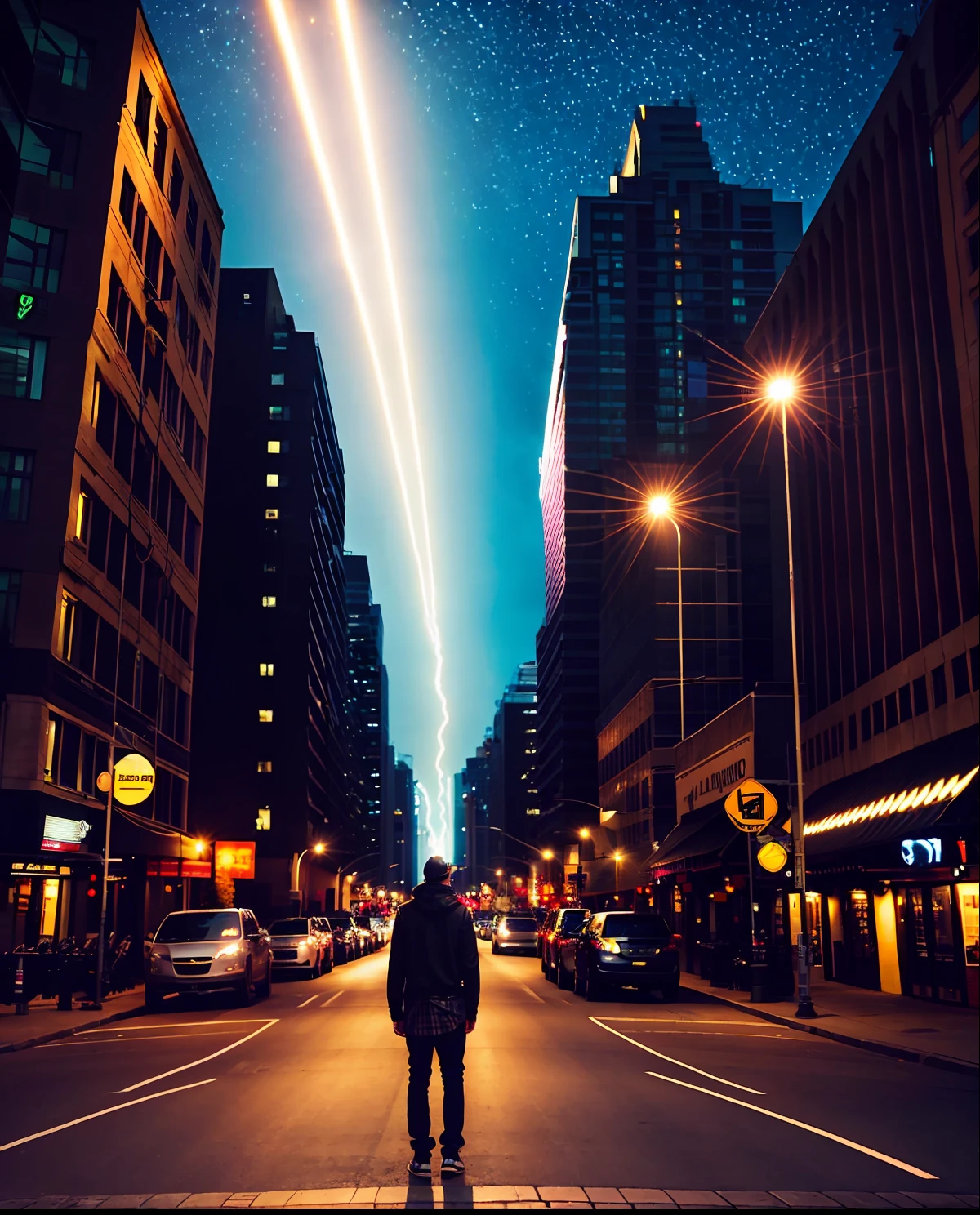 (1 man), (black tattoos), (Night City), (Lonely streets), (Road perspective line),Halo effects, High value, clean and uncluttered，orthofacial