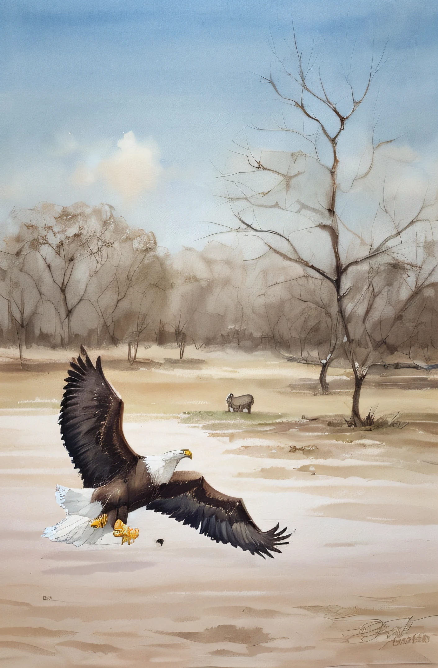 There is an eagle flying in the sky and running after rabbits in the beautiful savannah
