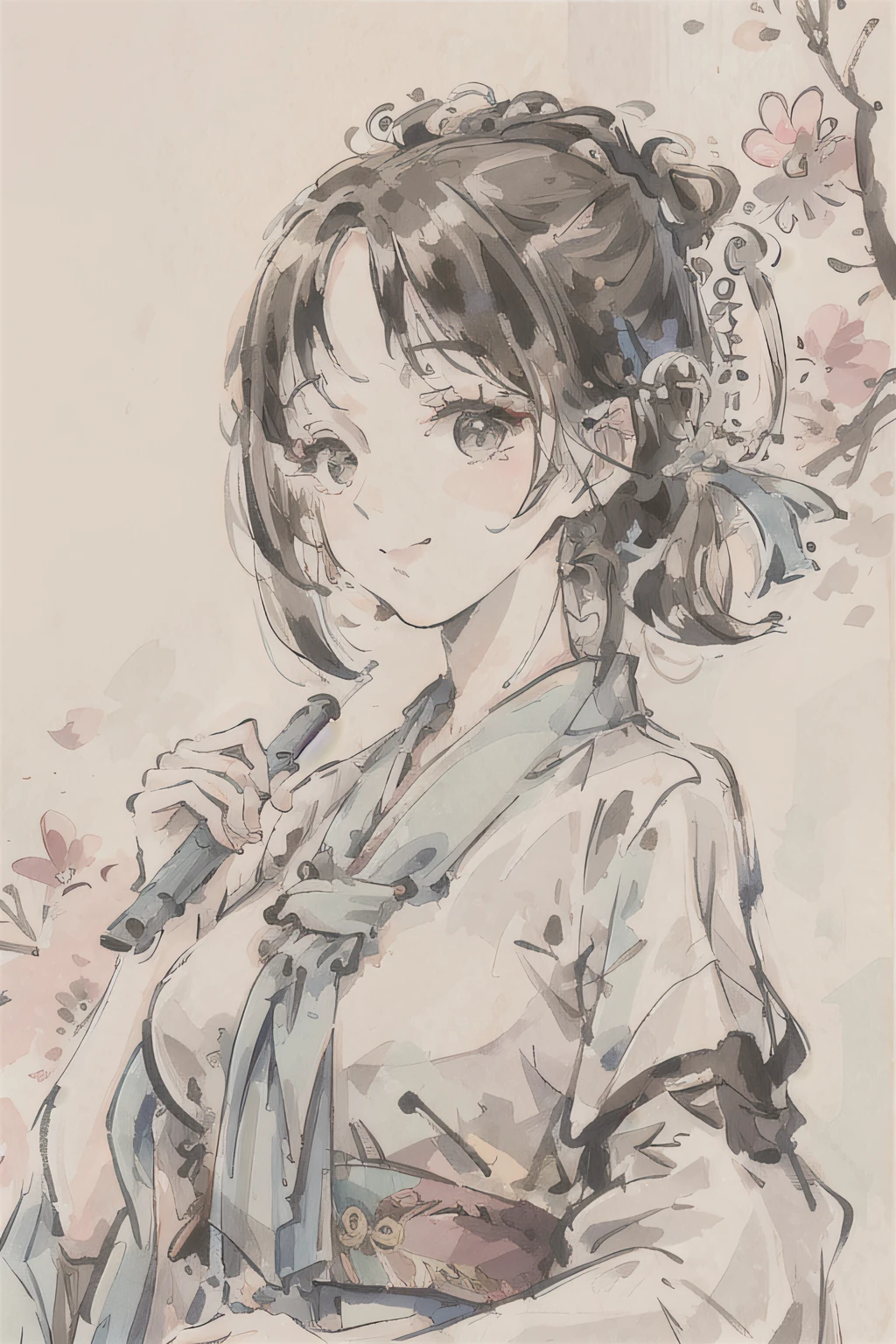 (masterpiece),best quality,good anatomy, shuimobysim,(1 girl:1), (upper body),(smile),short hair,(hanfu),(ecchi0.5), (trees:0.5), (flowers:0.6) ,(wooden house:0.2),(bamboo forest:0.2),(creek:0.2),(river:0.2),