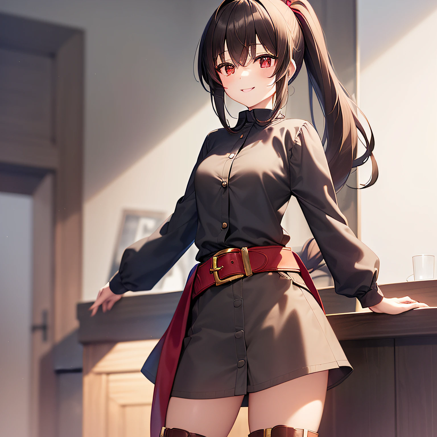 top-quality、extremely delicate and beautiful、((One girl)、、(Dark hair)、Gray clothes with vertical buttons、Belt at waist、grey miniskirt、((poneyTail))、(red hairband)、(Brown boots)、Red-eyed、Standing、A smile