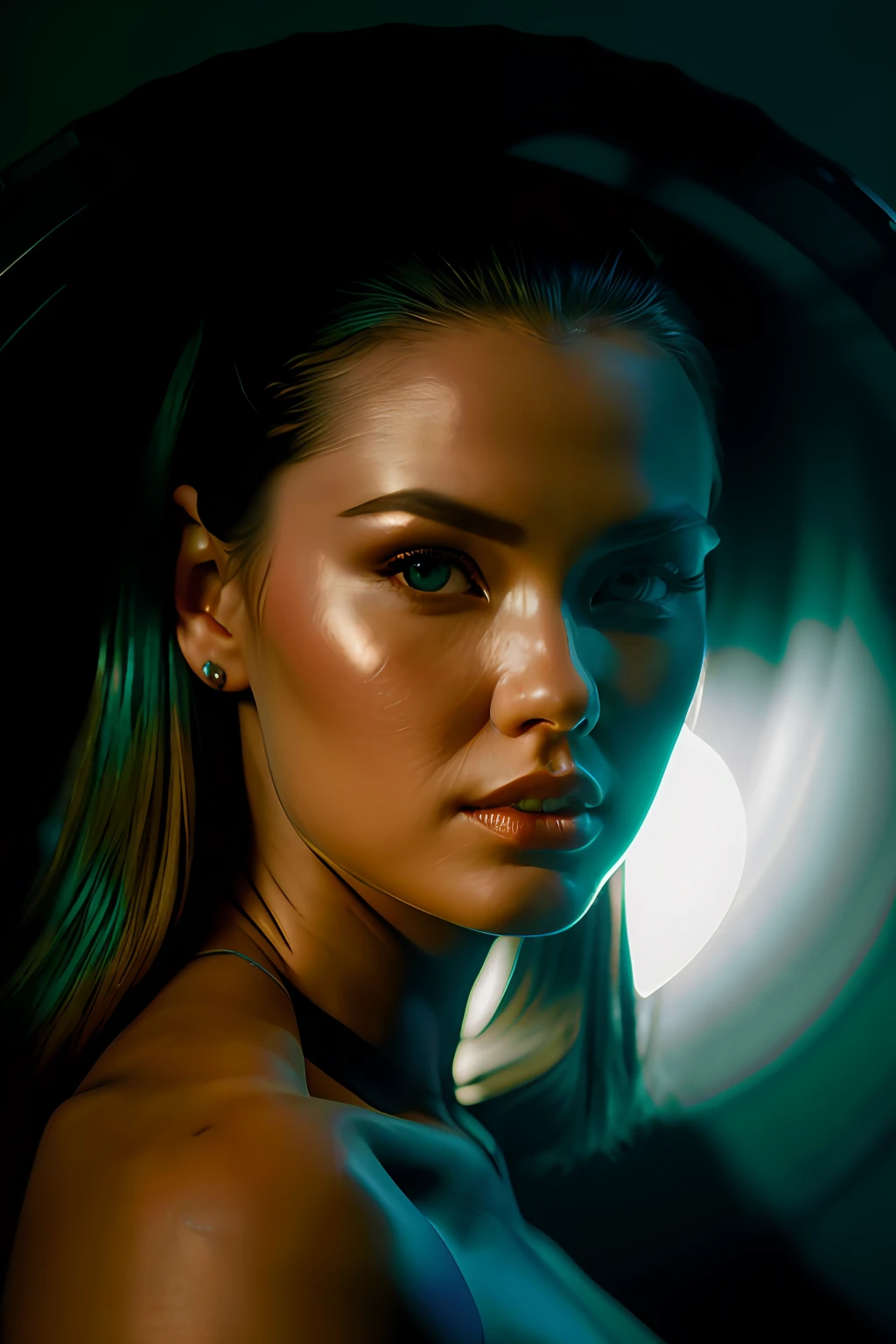 portrait of a award winning photo of nata lee posing in a dark studio, (rim lighting,:1.4) two tone lighting, sharp focus, teal hue, octane, unreal, dimly lit, low key,