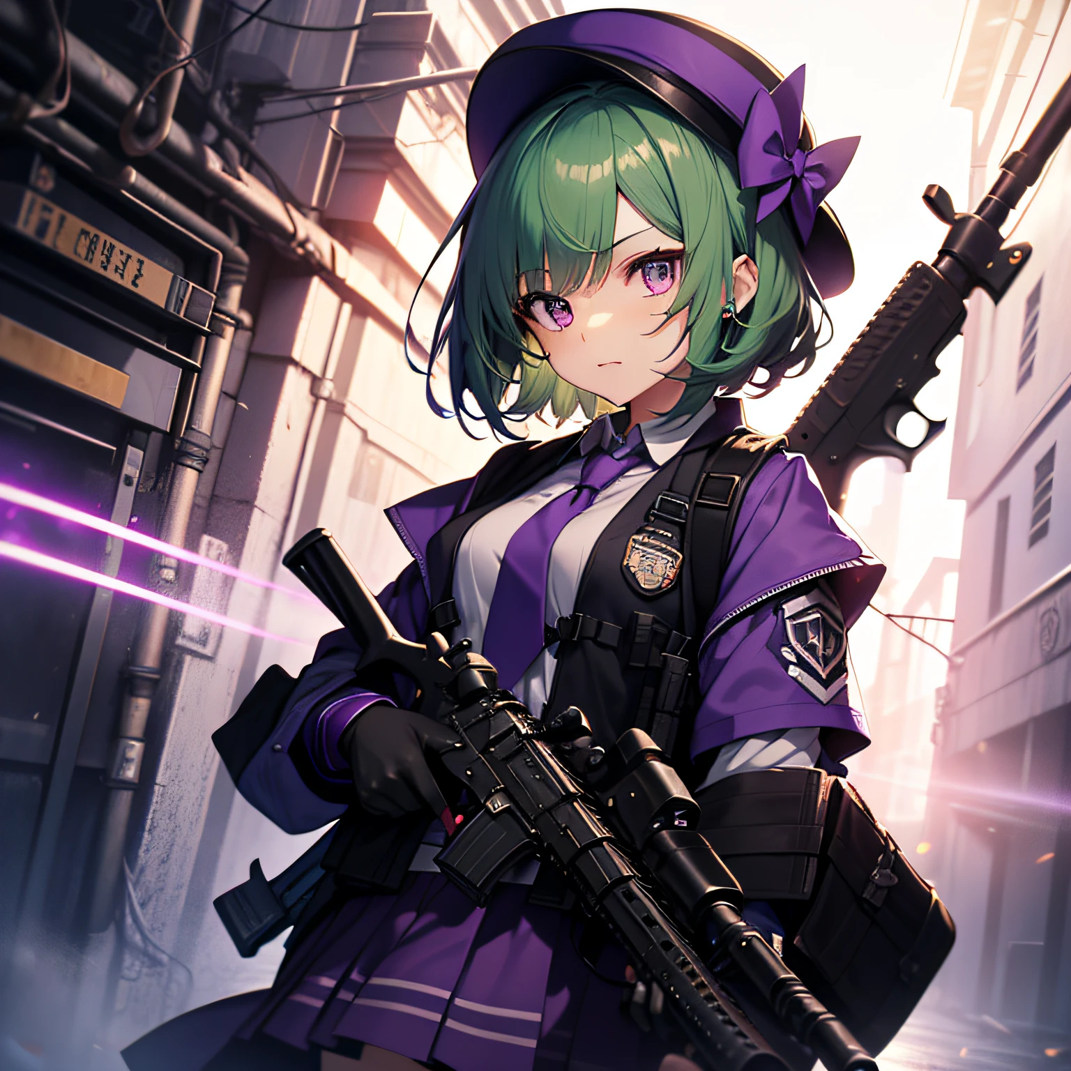 top-quality、extremely delicate and beautiful、(A teenage girl)、Purple Eye、Green hair、short-haired、(Purple pointy hat)、Purple tie、Soio、shortsleeves、Purple skirt、Navel,Tactical Vest、shortsleeves、Purple skirt、((Holding an assault rifle in both hands))、Midnight background